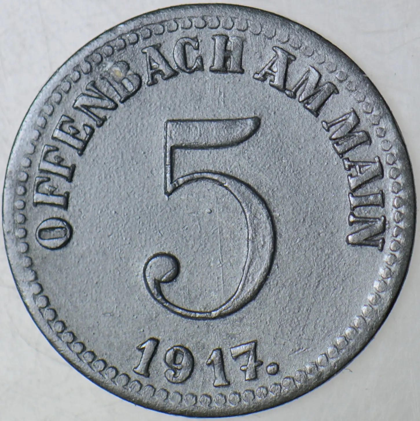 ALMANYA 5 PFENNIG 1917 NOTGELD-OFFENBACH. I. DÜNYA SAVAŞI DÖNEMİ ÇİNKO.