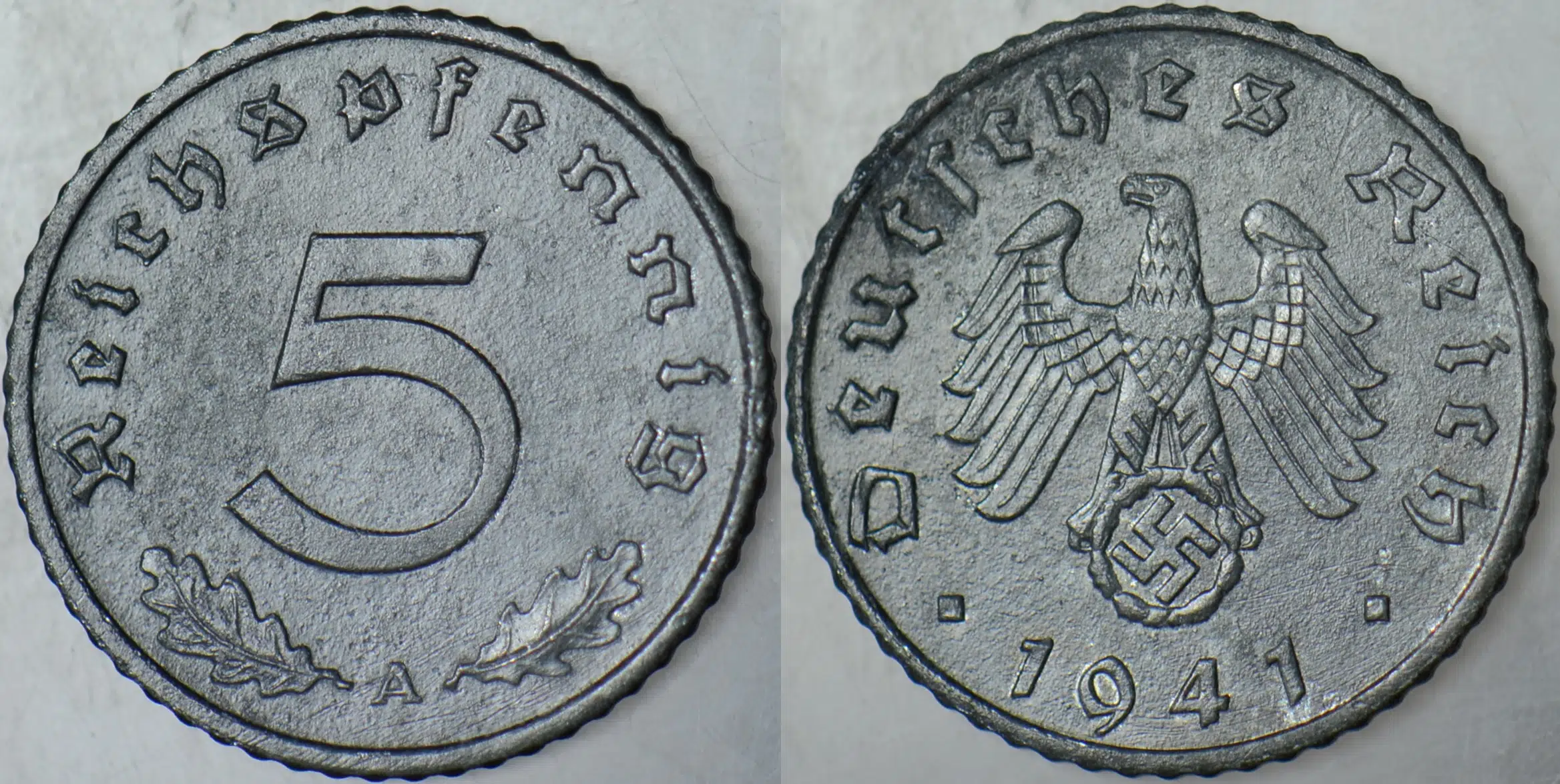 ALMANYA 5 PFENNİG 1941 A. İKİNCİ DÜNYA SAVAŞI NAZİ DÖNEMİ. GAMALI HAÇ. ÇİNKO.