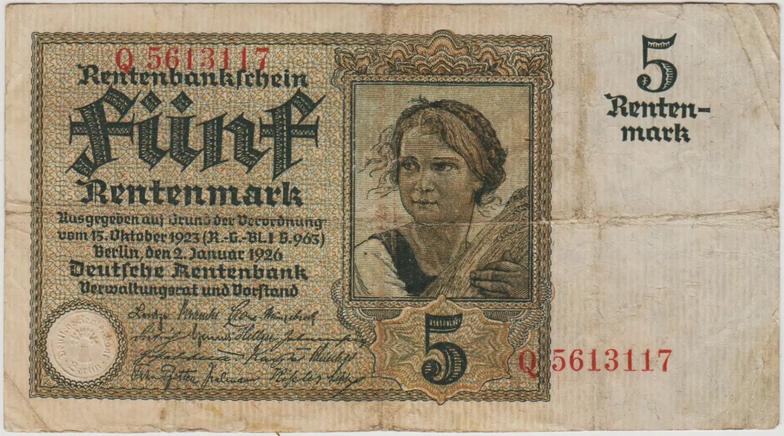 ALMANYA 5 RENTENMARK 1926 ÇOK TEMİZ(-)