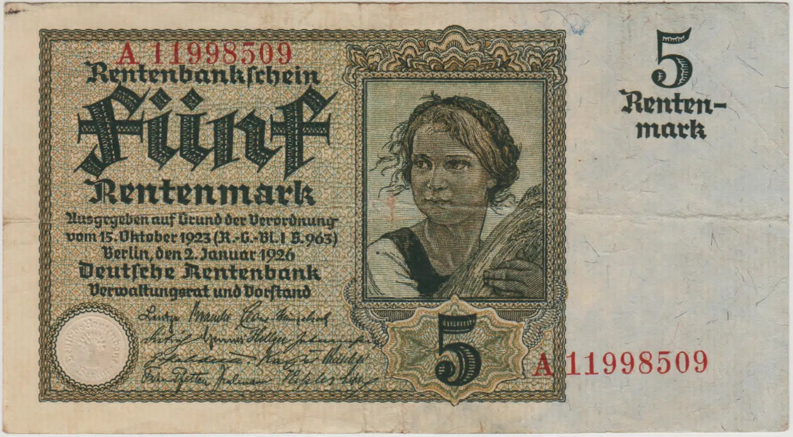ALMANYA 5 RENTENMARK 1926 ÇOK TEMİZ.