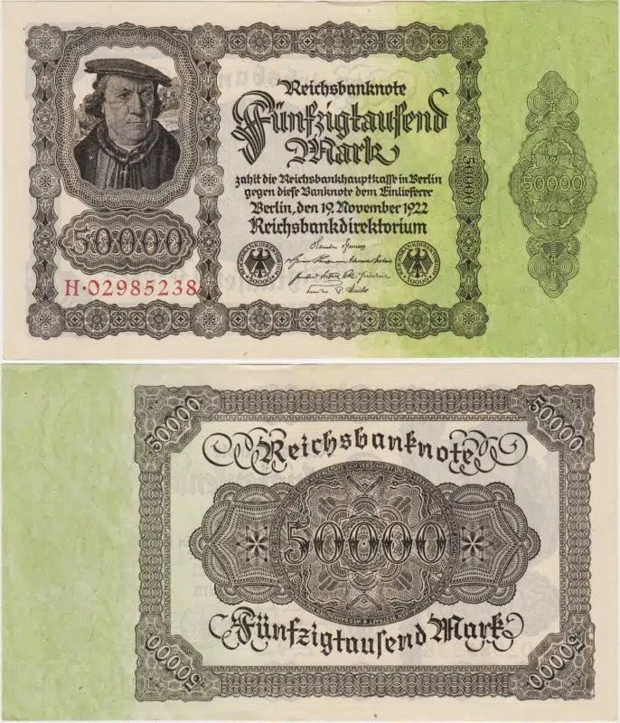 ALMANYA 50.000 MARK 1922 WEİMAR CUMHUİYETİ DÖNEMİ 1923 - 1925 ARASI KULLANILMIŞTIR. BÜYÜK BOY. ÇİLALTI+ KONDİSYON.