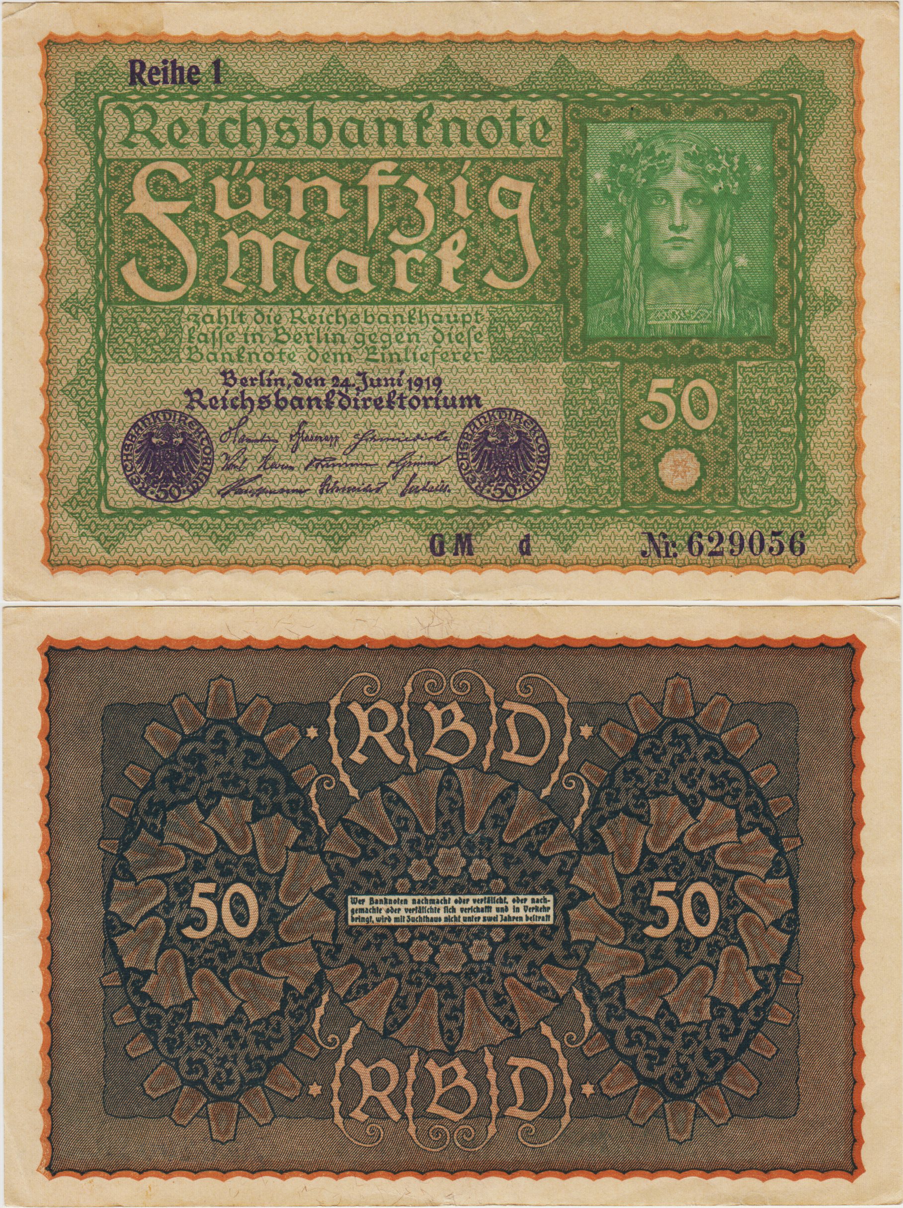 ALMANYA 50 MARK 1919 REIHE 1. WEİMAR CUMHURİYETİ DÖNEMİ. 1919-25 ARASI. ÇOK ÇOK TEMİZ++