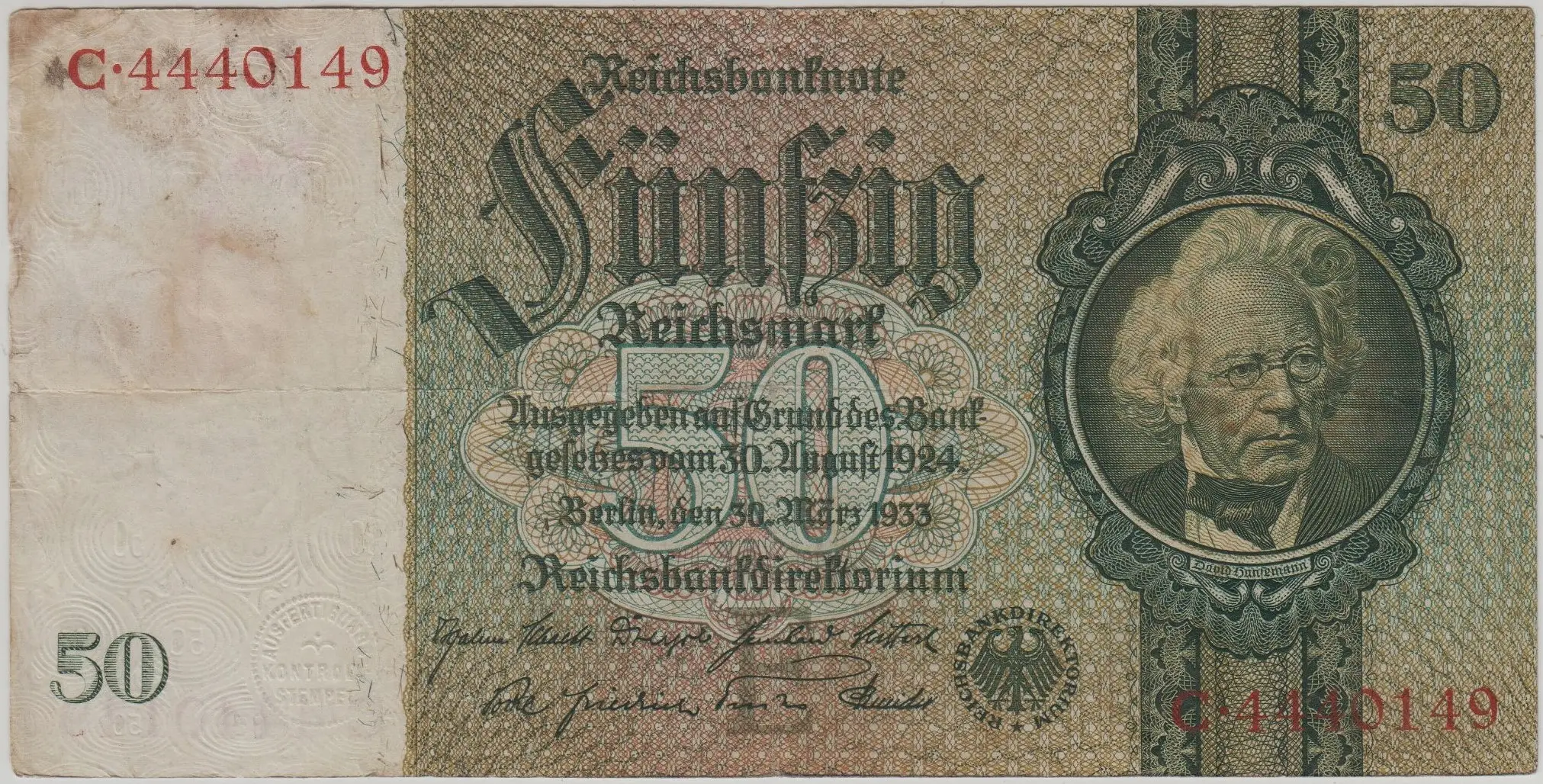 ALMANYA 50 MARK 1933. III. REICH DÖNEMİ. ÇOK TEMİZ+