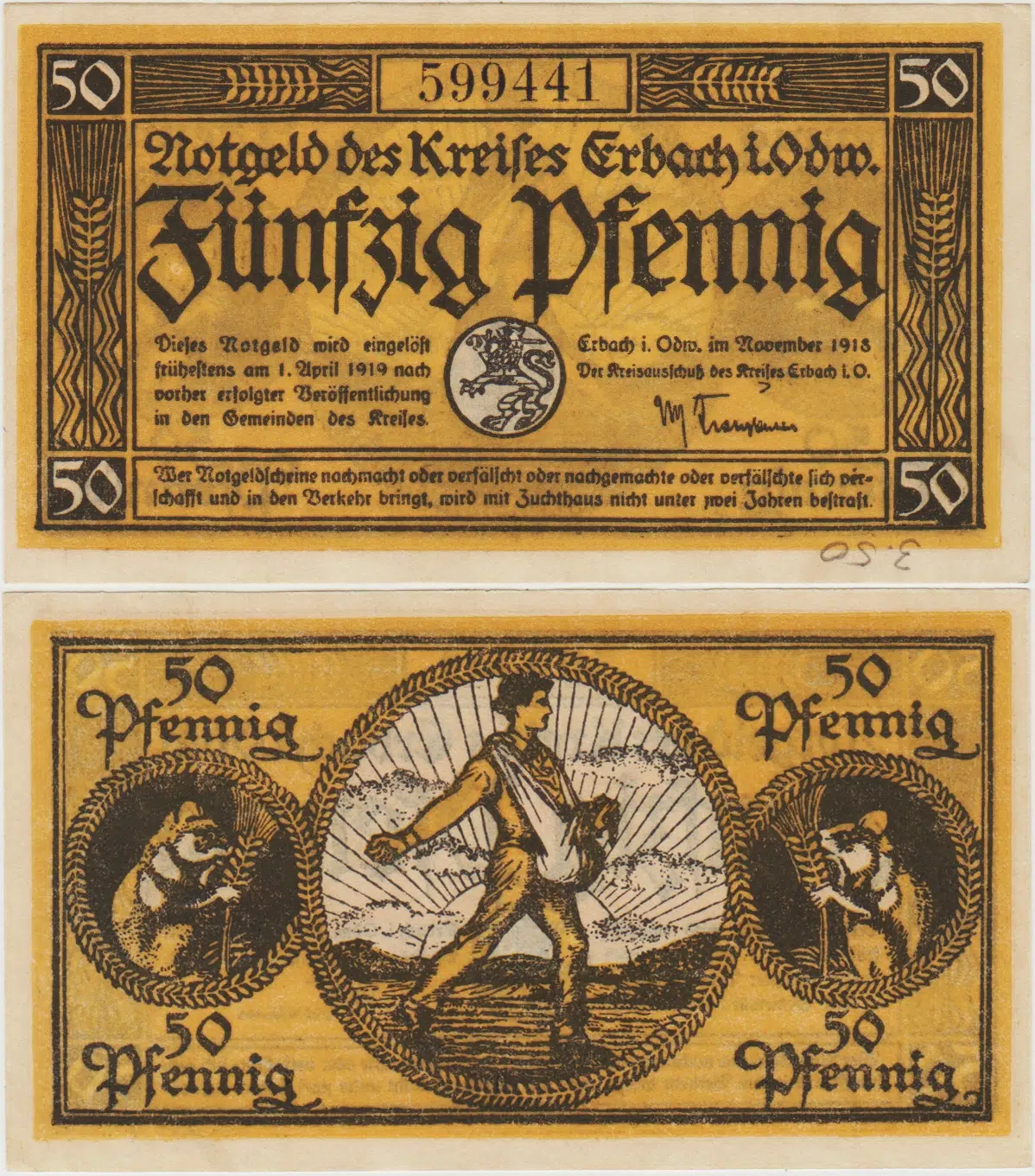 ALMANYA 50 PFENNİG 1918 NOTGELD-ERBACH. ÇİL.