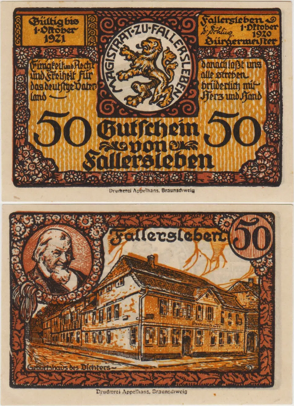 ALMANYA 50 PFENNİG 1920 NOTGELD-FALLERSLEBEN KASABASI. ÇİL.