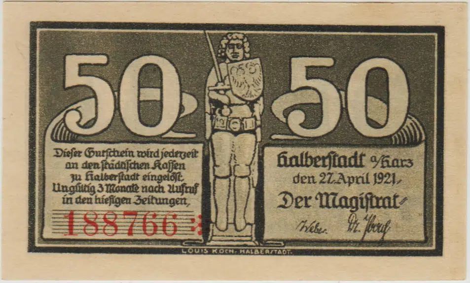 ALMANYA 50 PFENNİG 1921 NOTGELD-HALBERSTADT ŞEHRİ. ÇİL.
