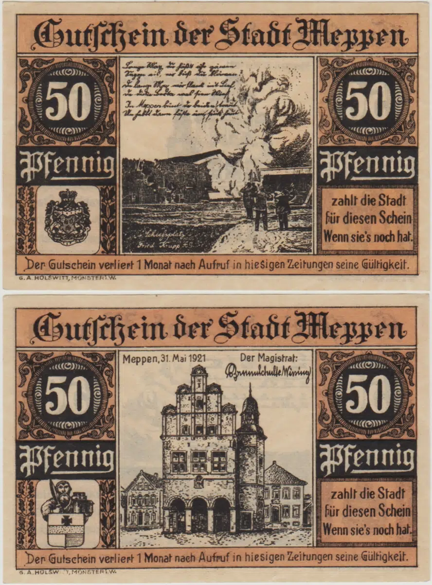 ALMANYA 50 PFENNİG 1921 NOTGELD-MEPPEN ŞEHRİ. ÇİL.