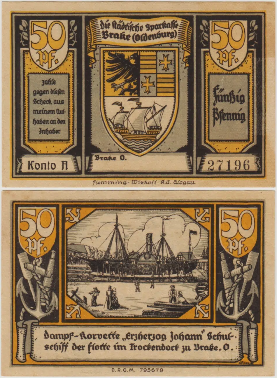 ALMANYA 50 PFENNİG 1922 NOTGELD-BRAKE ŞEHRİ. ÇİL(-)