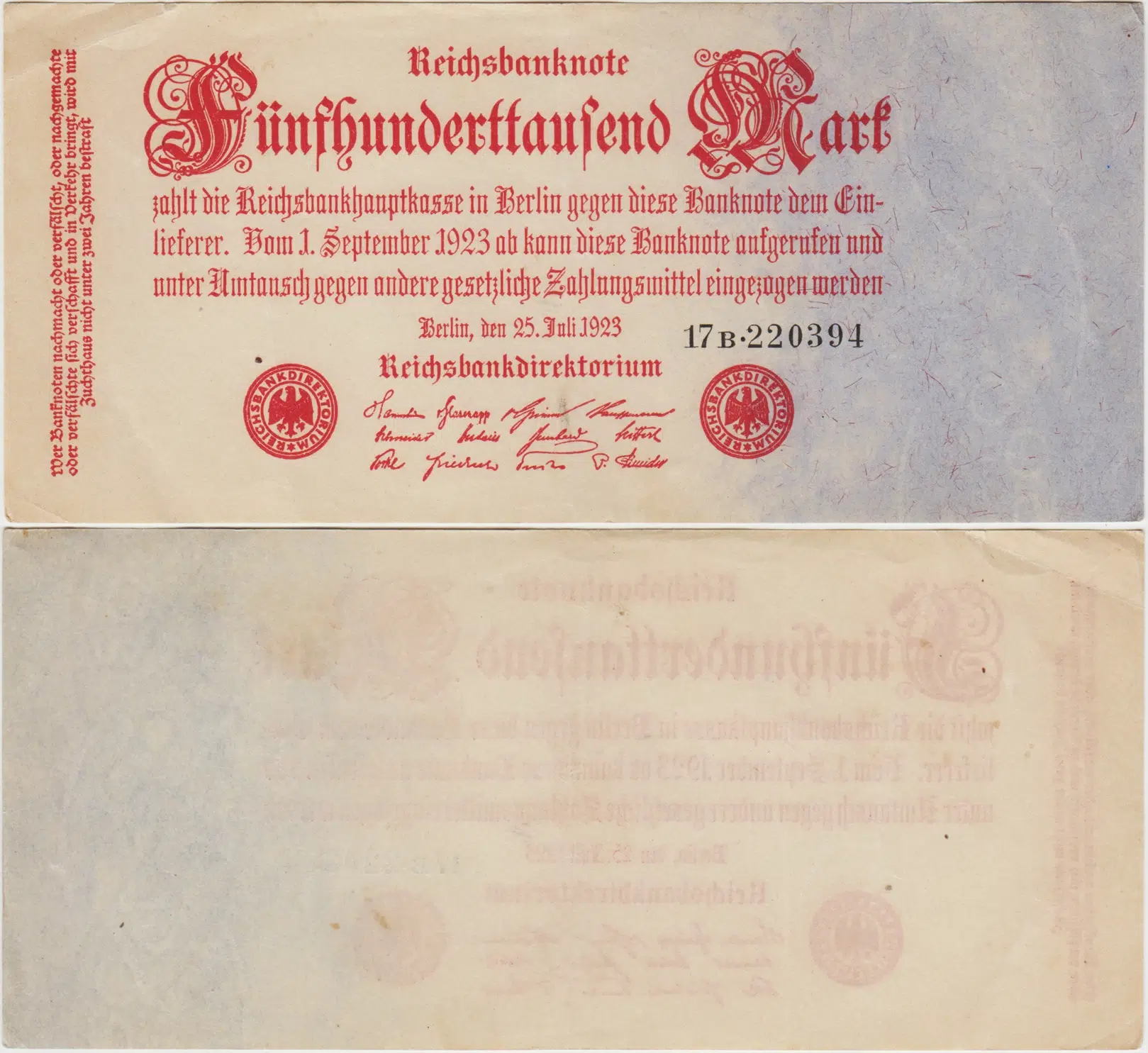 ALMANYA 500.000 MARK 1923 WEİMAR CUMHURİYETİ DÖNEMİ ÇİLALTI.