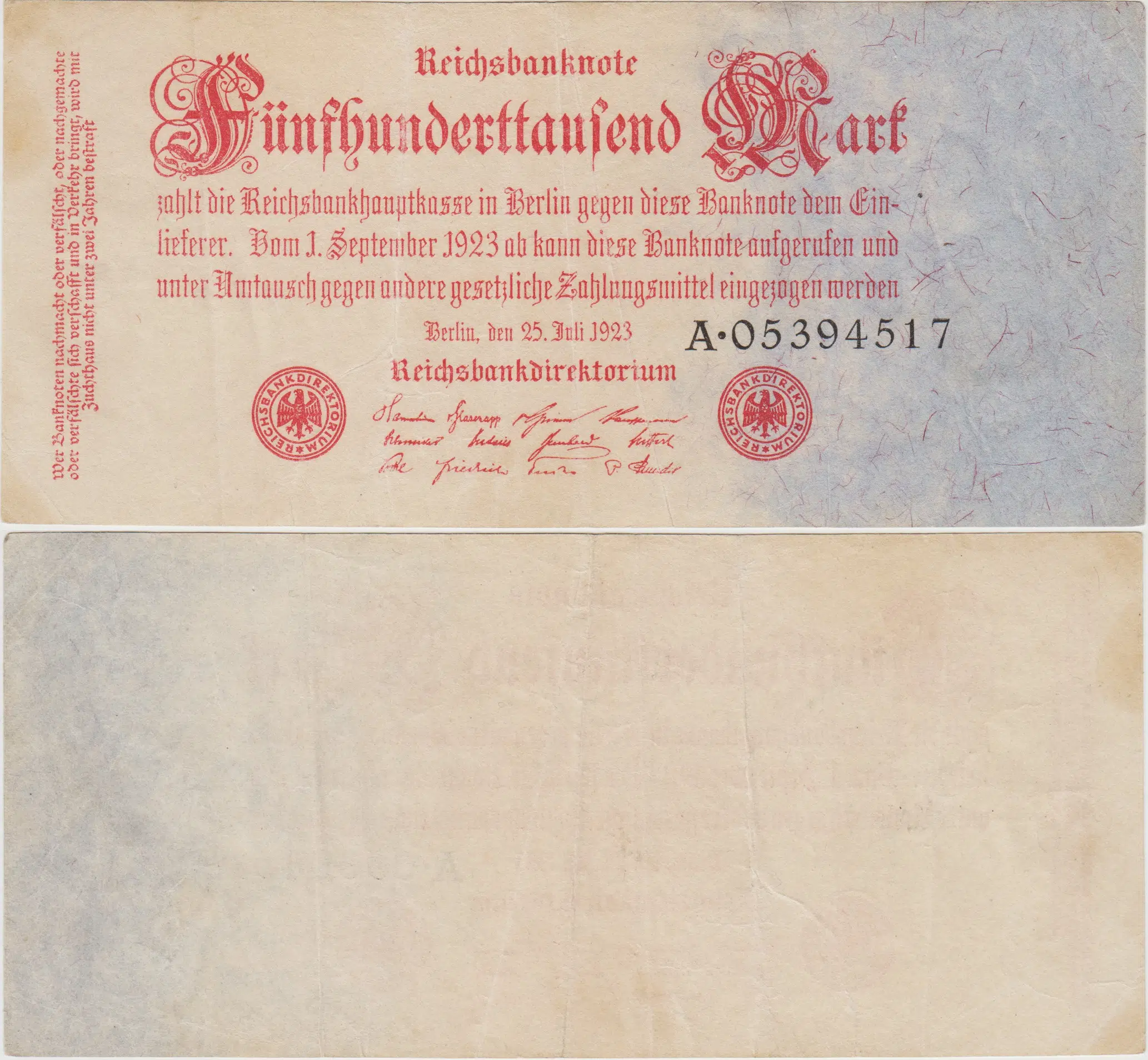 ALMANYA 500.000 MARK 1923 WEİMAR CUMHURİYETİ DÖNEMİ ÇOK ÇOK TEMİZ.