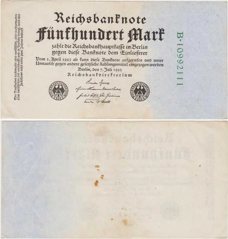 ALMANYA 500 MARK 1922. WEİMAR CUMHURİYETİ DÖNEMİ. ÇOK ÇOK TEMİZ+