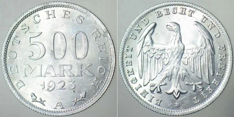 ALMANYA 500 MARK 1923 A HARFİ=BERLİN DARBI. WEIMAR CUMHURİYETİ DÖNEMİ. ALÜMİNYUM 27 mm. ÇİL(-) KONDİSYON.