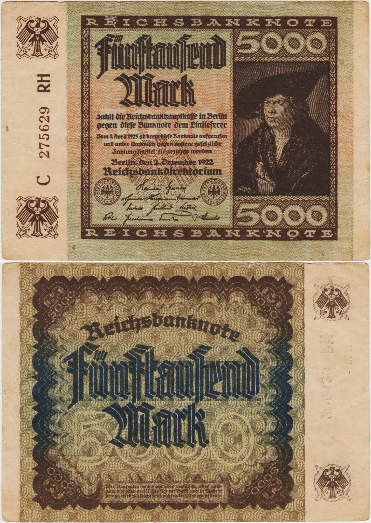 ALMANYA 5000 MARK 1922 WEİMAR CUMHURİYETİ. ÇOK ÇOK TEMİZ.