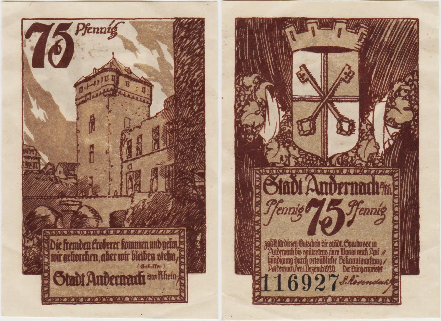 ALMANYA 75 PFENNİG 1920 NOTGELD-ANDERNACH ŞEHRİ ÇİLALTI.