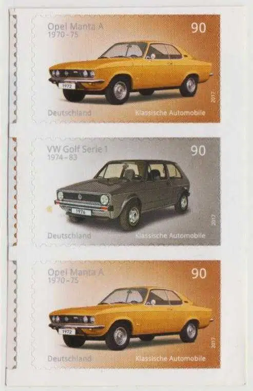 ALMANYA ARABALAR TEMALI 3 ADET DAMGASIZ PUL. OPEL MANTA A VE VOLKSWAGEN GOLF SERİ 1 MNH. 2,70 EURO.