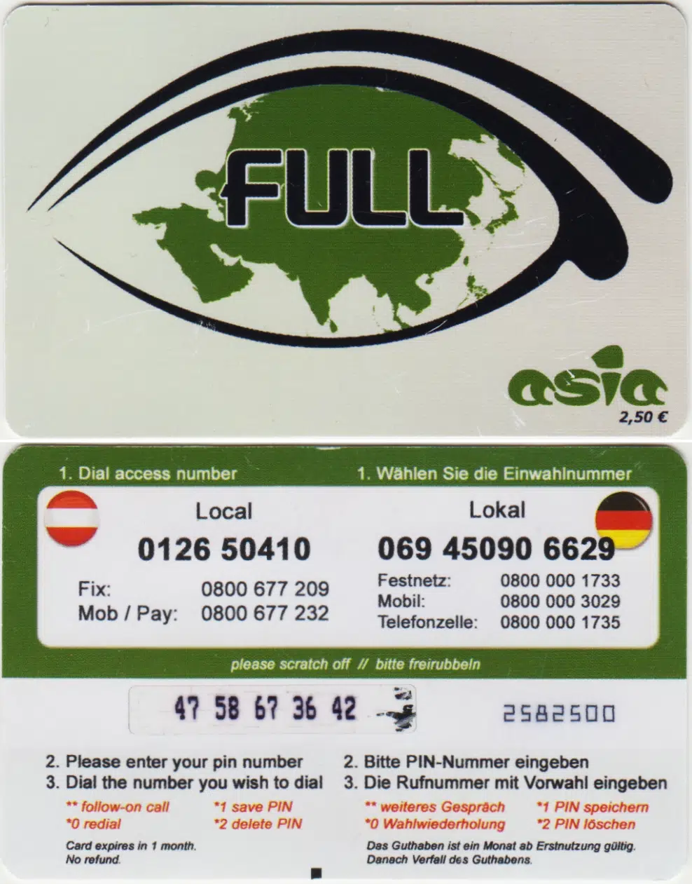 ALMANYA-AVUSTURYA FULL ASİA TELEFON KARTI. UFAK ÇİZİKLERİ VAR.