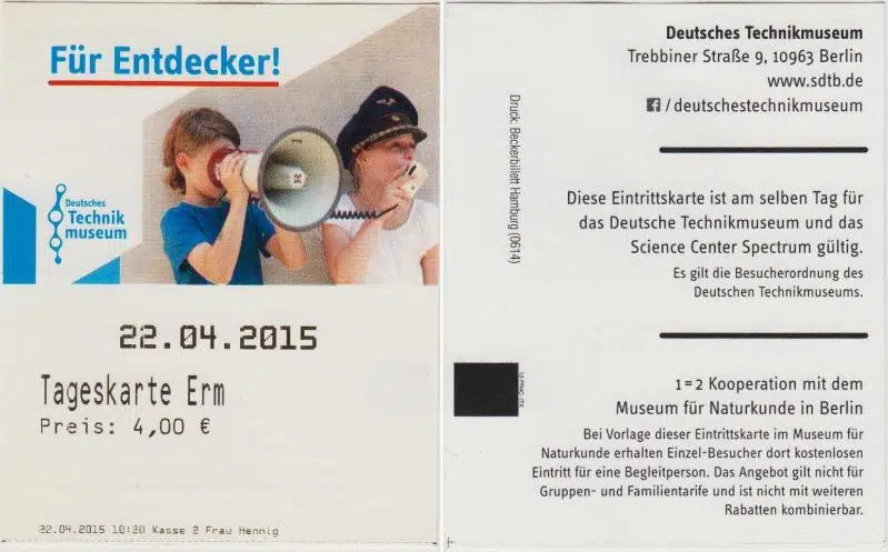 ALMANYA BERLİN TEKNİK MÜZE GİRİŞ BİLETİ 2015. DEUTSCHES TECHNIK MUSEUM. 4 EURO.
