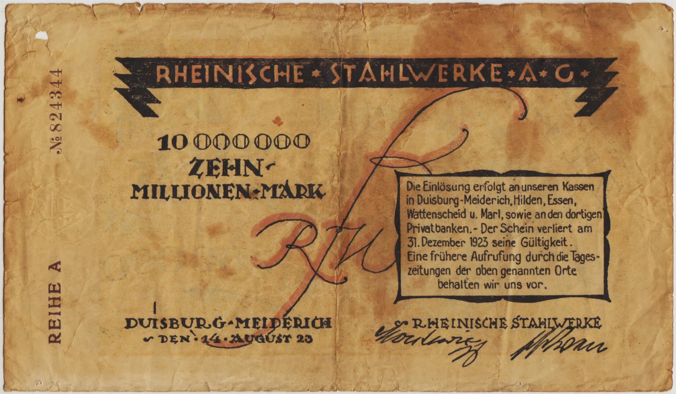 ALMANYA DUİSBURG 10.000.000 MARK 1923 NOTGELD. YEREL BANKNOT. Yırtıkları var TEMİZ. NADİR.