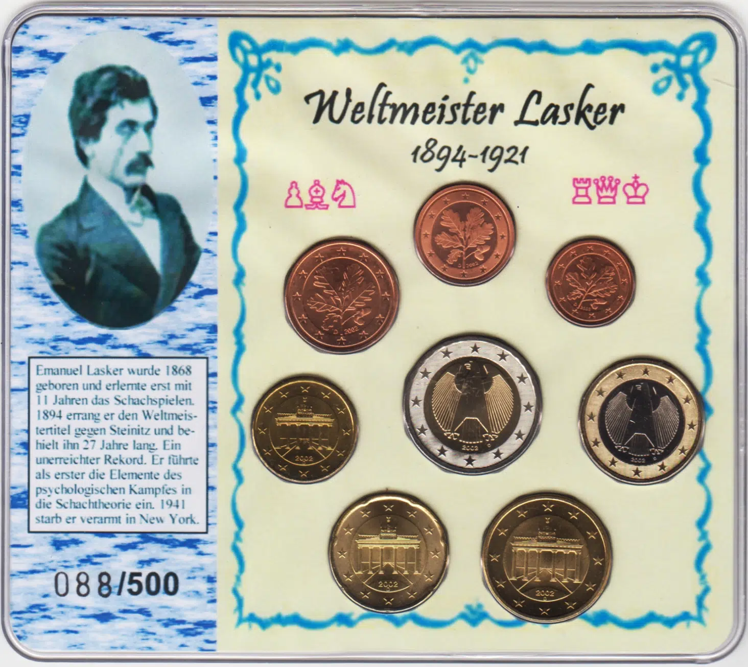 ALMANYA EURO TAM SET 2002 D. EMANUEL LASKER-SATRANÇ. ÖZEL KARTINDA. ÇİL.