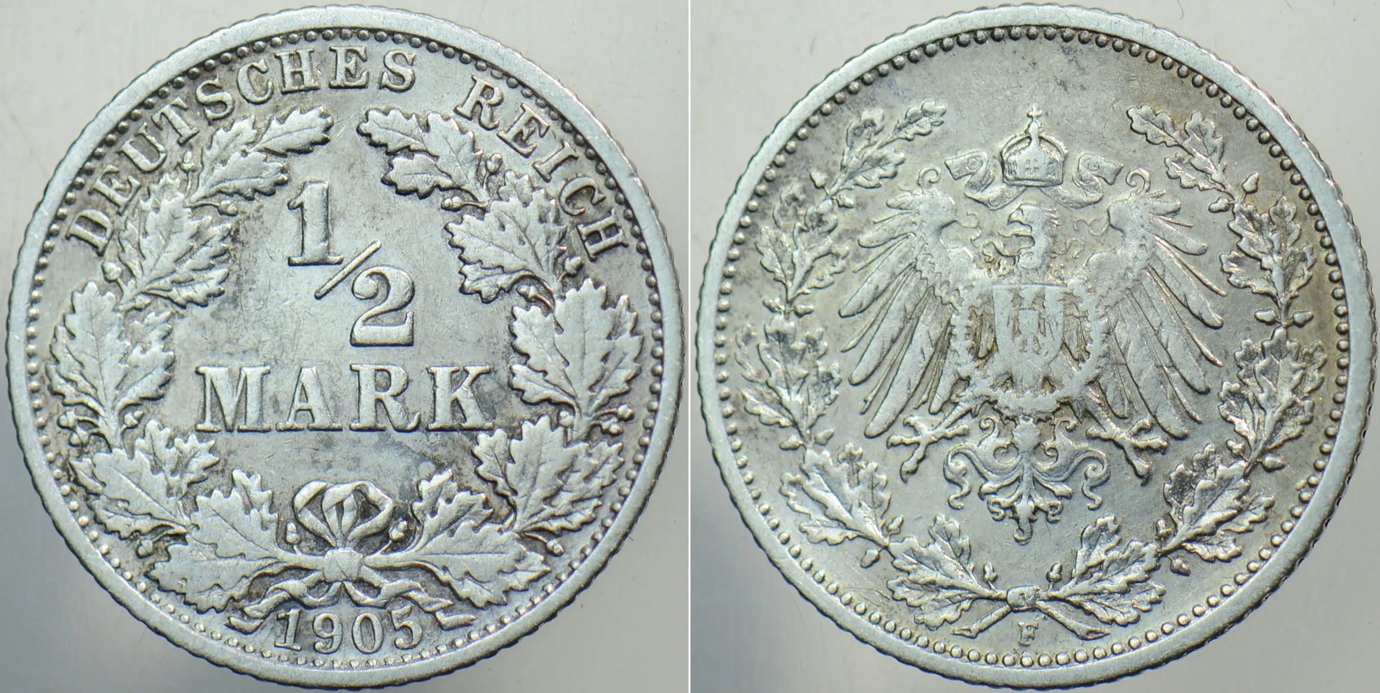 ALMANYA GÜMÜŞ 1/2 MARK 1905 F. DEUTSCHES REICH. KAYZER II. WİLHELM DÖNEMİ.