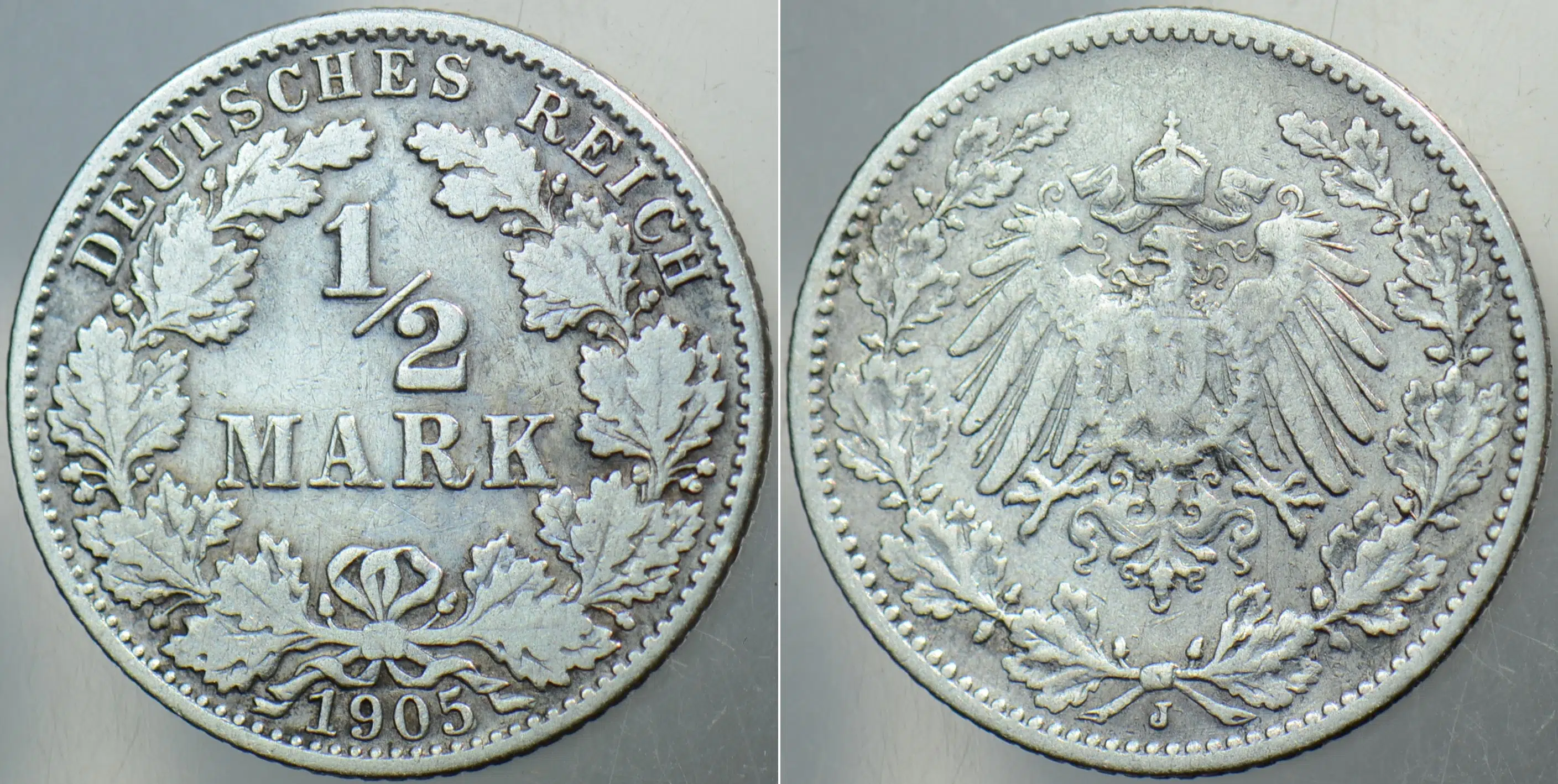ALMANYA GÜMÜŞ 1/2 MARK 1905 J. DEUTSCHES REICH. KAYZER II. WİLHELM DÖNEMİ.