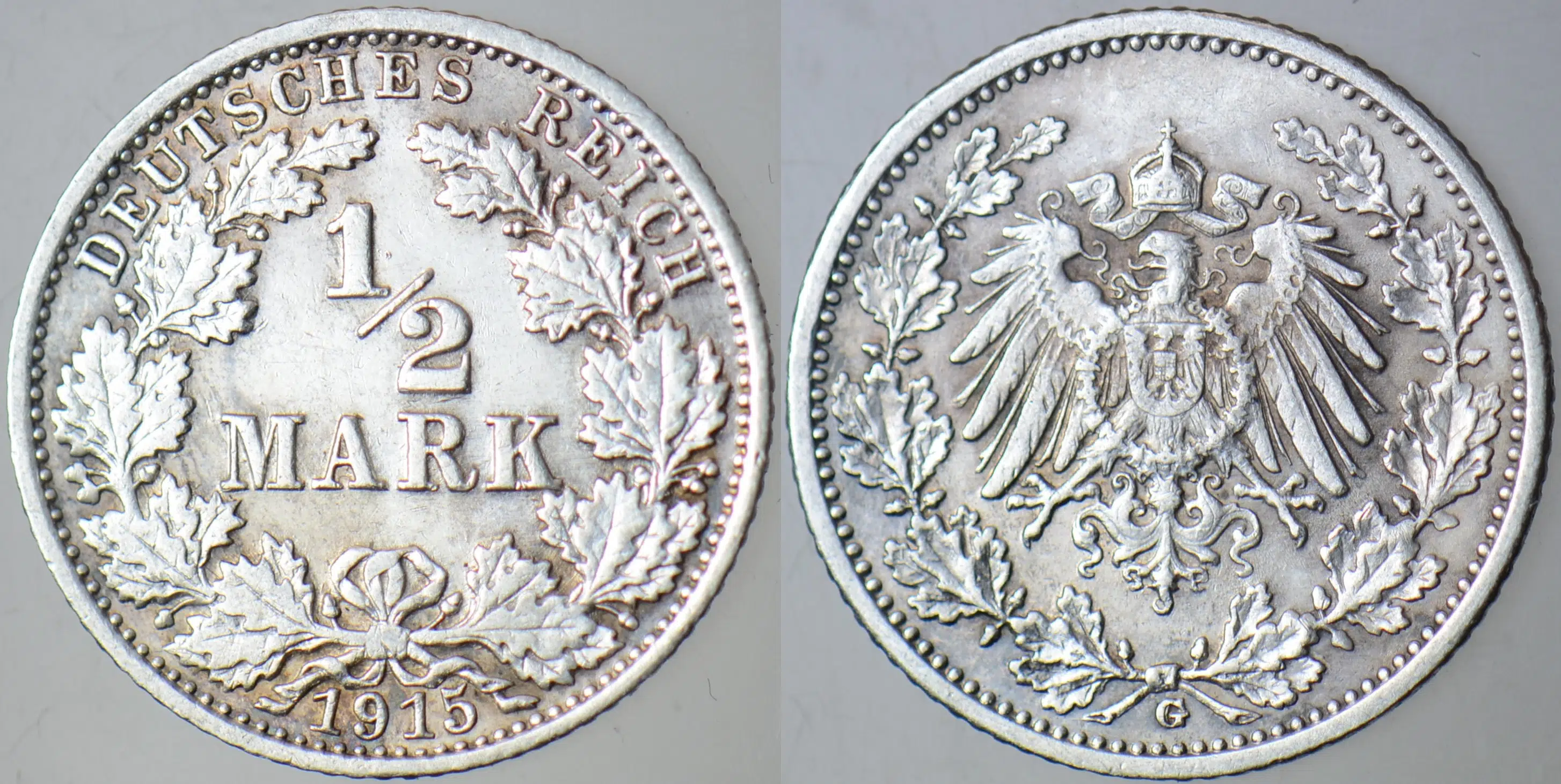 ALMANYA GÜMÜŞ 1/2 MARK 1915 G. AZ ÇIKAN TARİH. KAYZER II. WİLHELM DÖNEMİ.