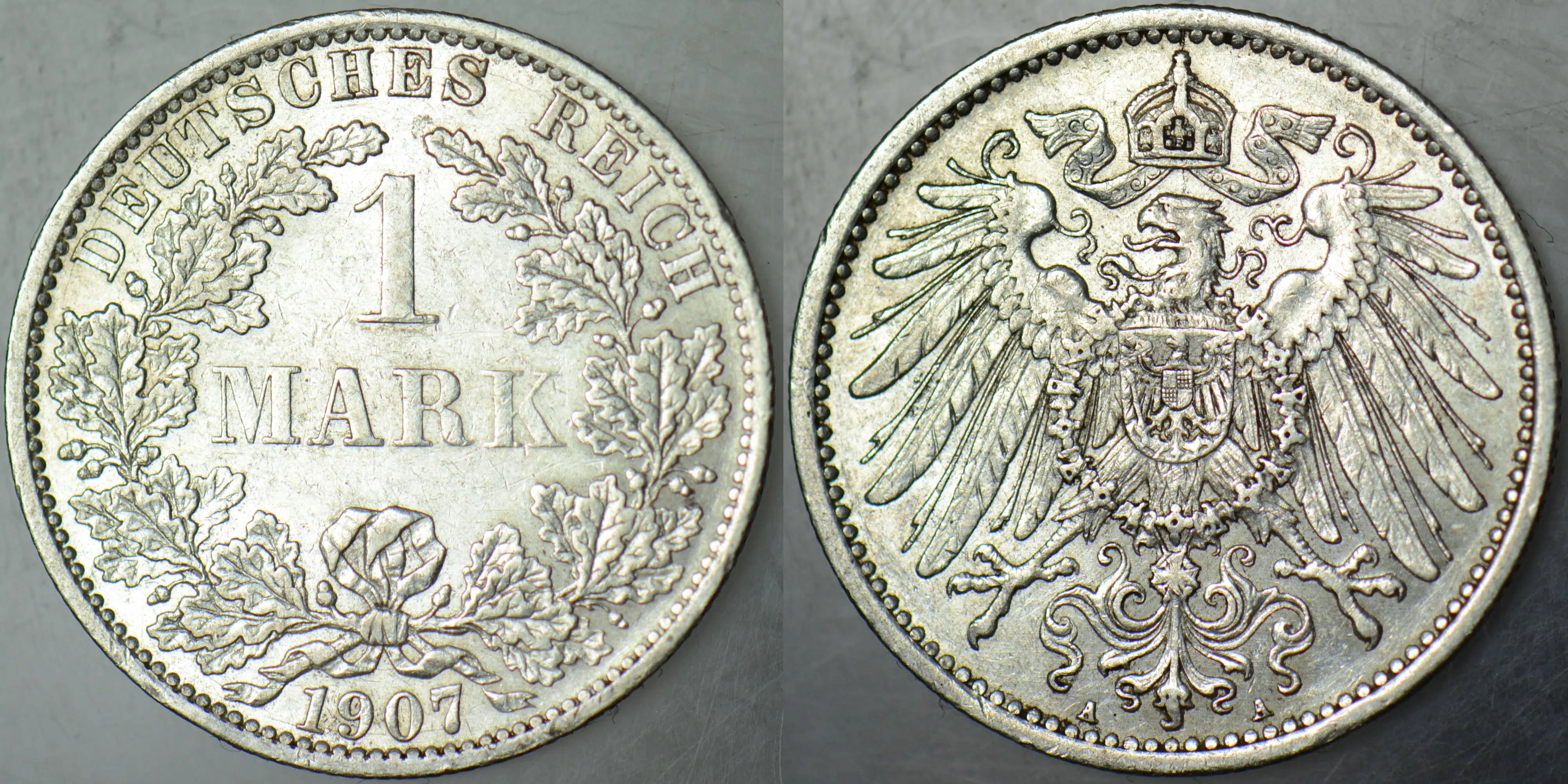 ALMANYA GÜMÜŞ 1 MARK 1907 A. KAYZER II. WİLHELM DÖNEMİ. ÇİLALTI