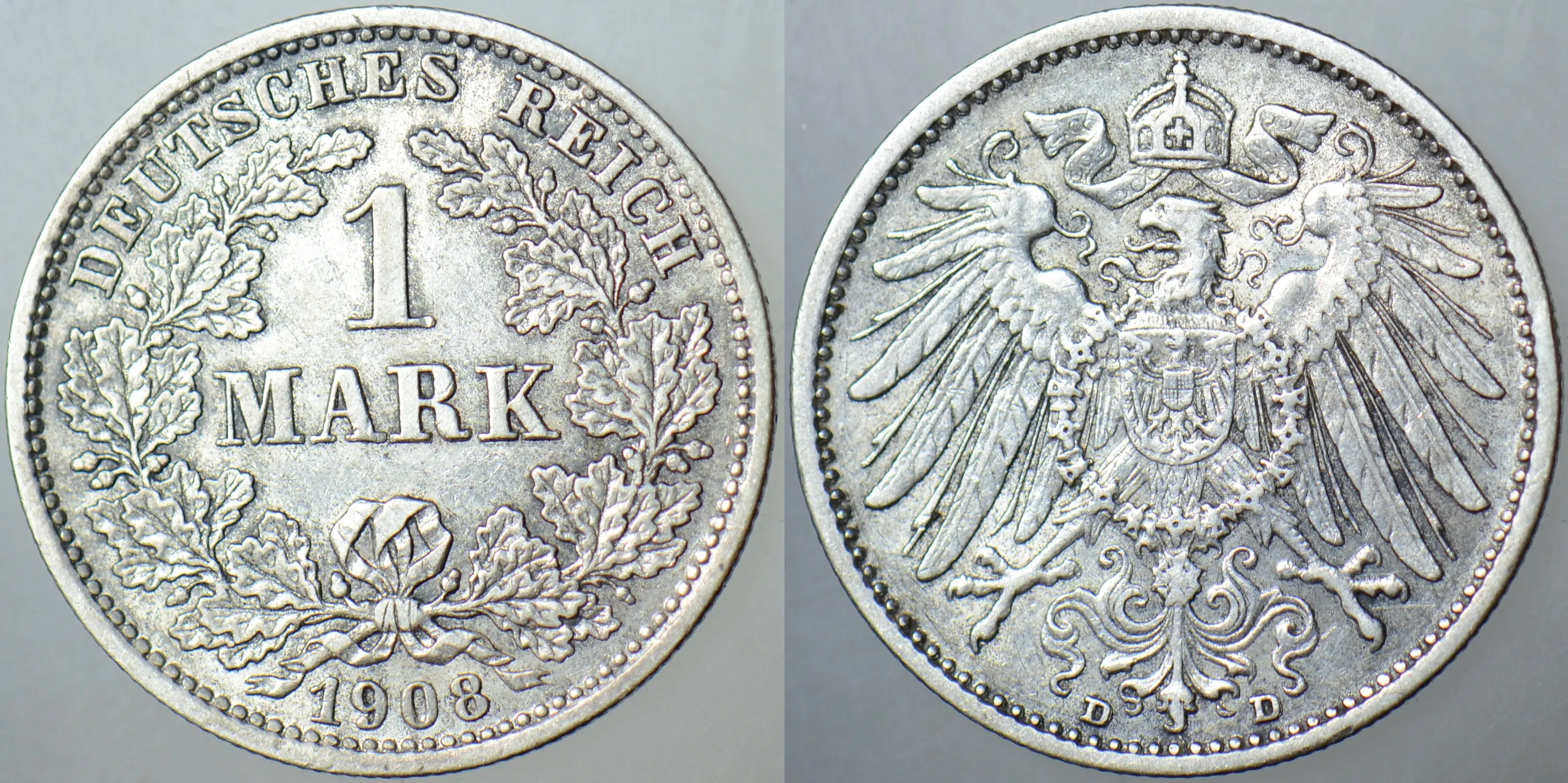 ALMANYA GÜMÜŞ 1 MARK 1908 D. KAYZER II. WİLHELM DÖNEMİ. ÇİLALTI