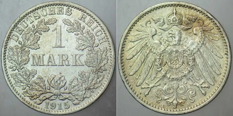ALMANYA GÜMÜŞ 1 MARK 1915 A HARFİ=BERLİN DARBI. BİRİNCİ DÜNYA SAVAŞI - KAYZER II. WİLHELM DÖNEMİ. DEUTSCHES REICH.