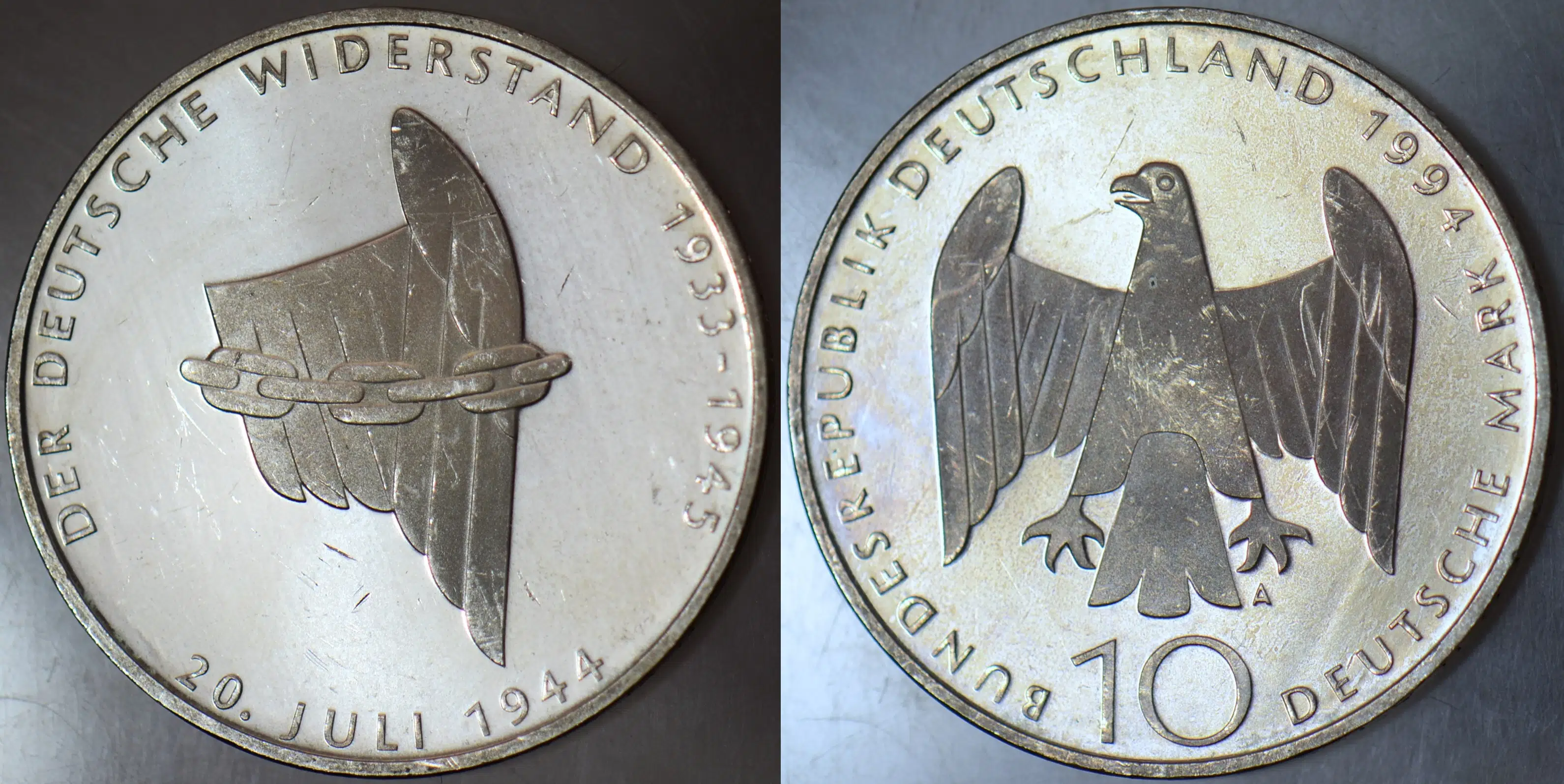 ALMANYA GÜMÜŞ 10 MARK 1994 A. HATIRA. FÜHRERE SUİKAST ve ALMAN DİRENİŞİNİN 50 YILI. 15,5 gr PROOF BASKI ÇİL(-)