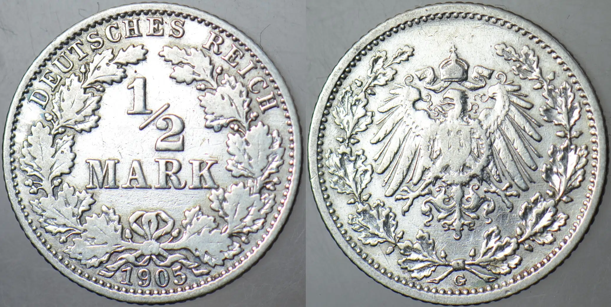 ALMANYA GÜMÜŞ 1/2 MARK 1905 G. KAYZER II. WİLHELM DÖNEMİ.