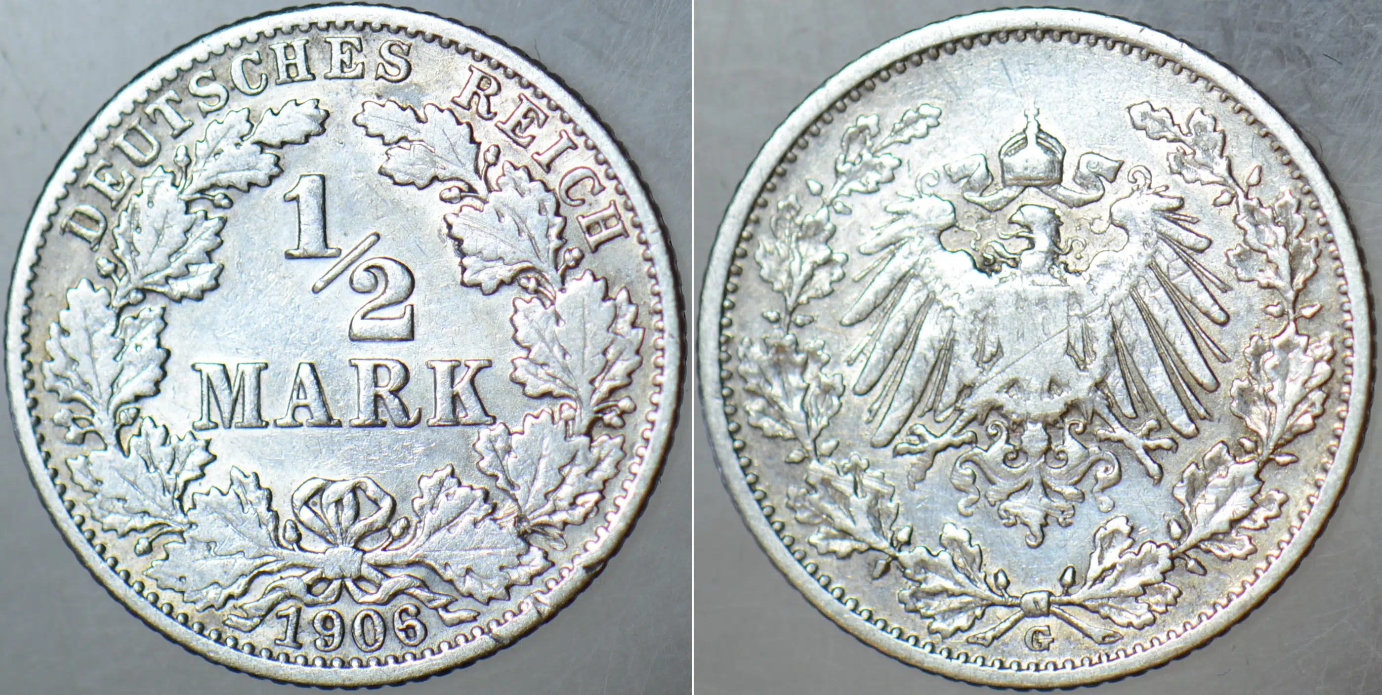 ALMANYA GÜMÜŞ 1/2 MARK 1906 G. DEUTSCHES REICH. KAYZER II. WİLHELM DÖNEMİ.