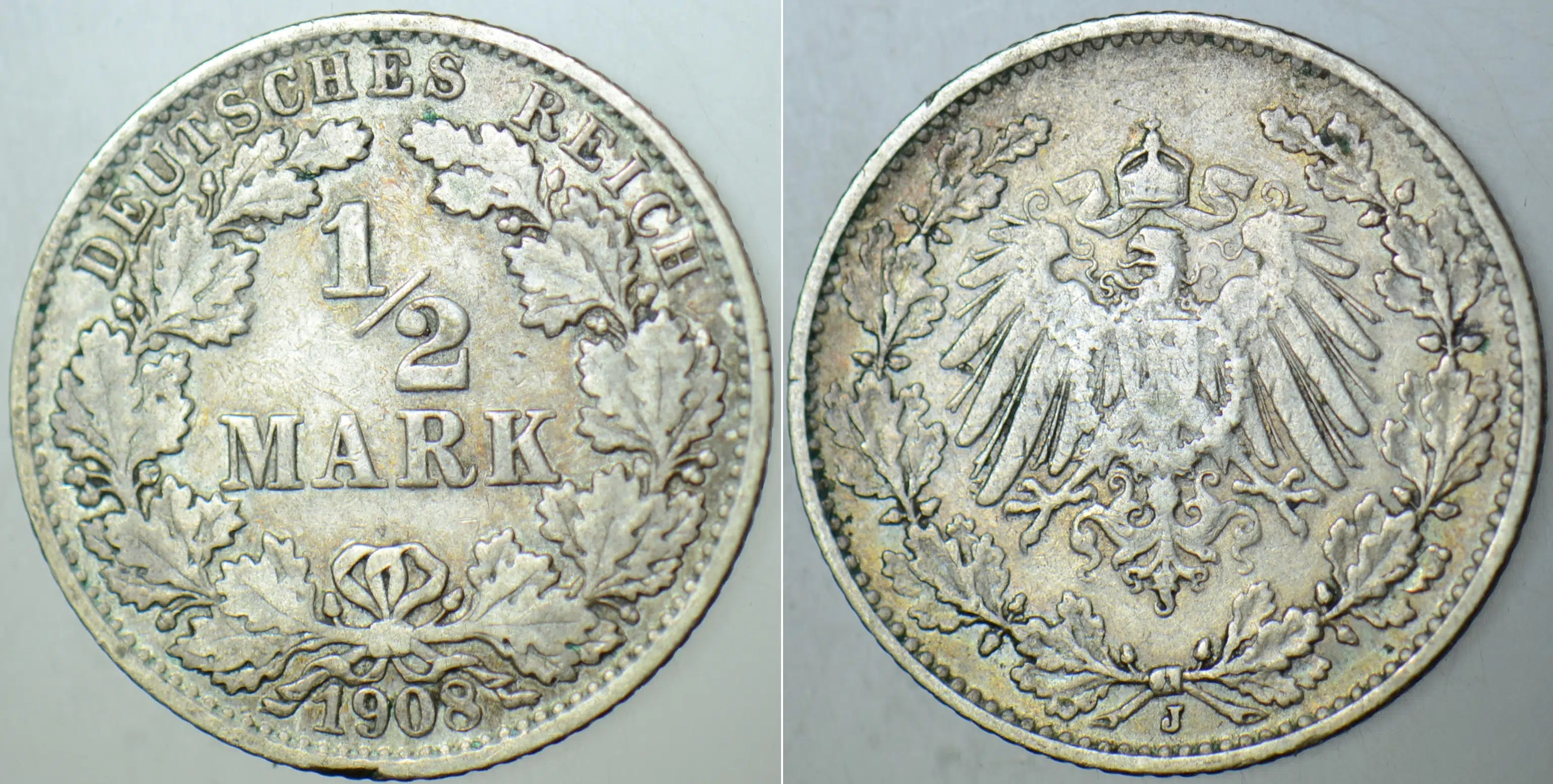 ALMANYA GÜMÜŞ 1/2 MARK 1908 J NADİR HARF VE TARİH. KAYZER II. WİLHELM DÖNEMİ.