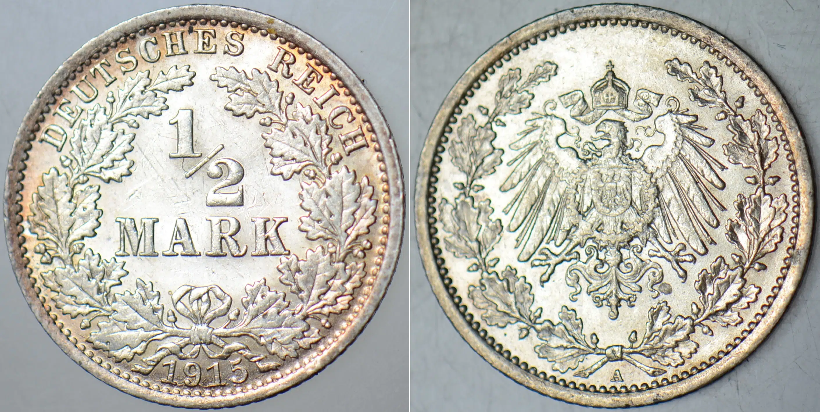 ALMANYA GÜMÜŞ 1/2 MARK 1915 A. DEUTSCHES REICH. KAYZER II. WİLHELM I. DÜNYA SAVAŞI DÖNEMİ. ÇİL KONDİSYON