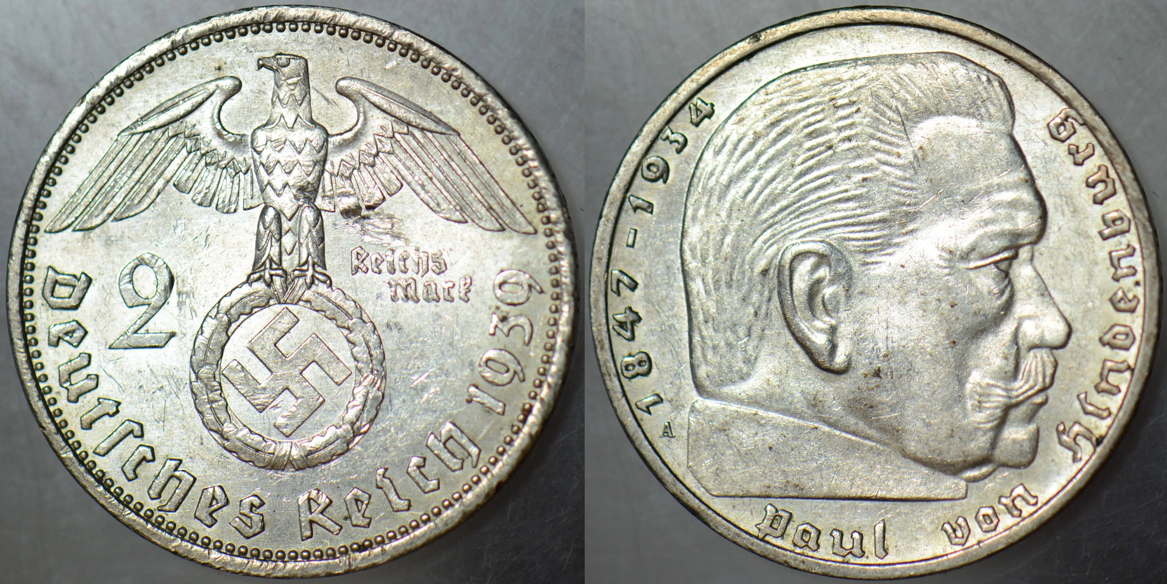 ALMANYA GÜMÜŞ 2 MARK 1939 A. NAZİ-İKİNCİ DÜNYA SAVAŞI DÖNEMİ. HİNDENBURG. SWASTİKALI. ORİJİNAL. 8 gr. ÇİLALTI.