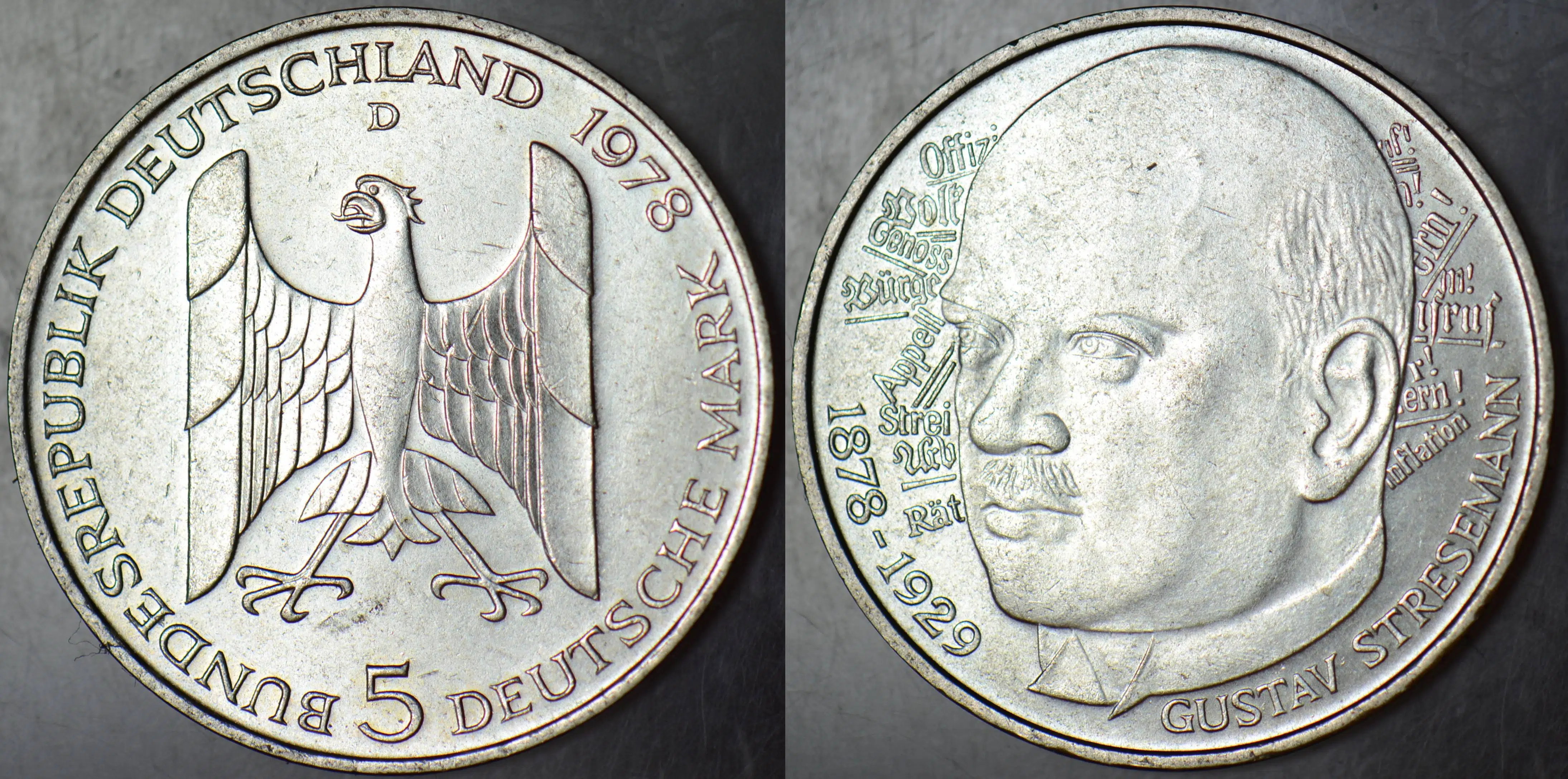 ALMANYA GÜMÜŞ 5 MARK 1978 D. GUSTAV STRESEMANN 11,2 gr. ÇİL(-)