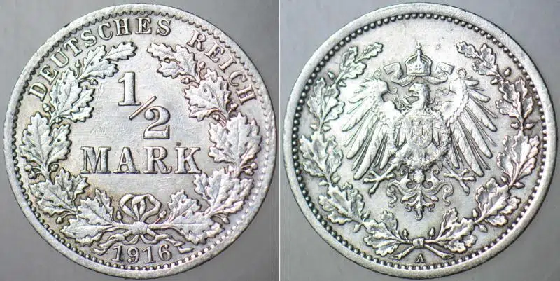 ALMANYA GÜMÜŞ 1/2 MARK 1916 A. KAYZER II. WİLHELM I. DÜNYA SAVAŞI DÖNEMİ. ÇİLALTI KONDİSYON