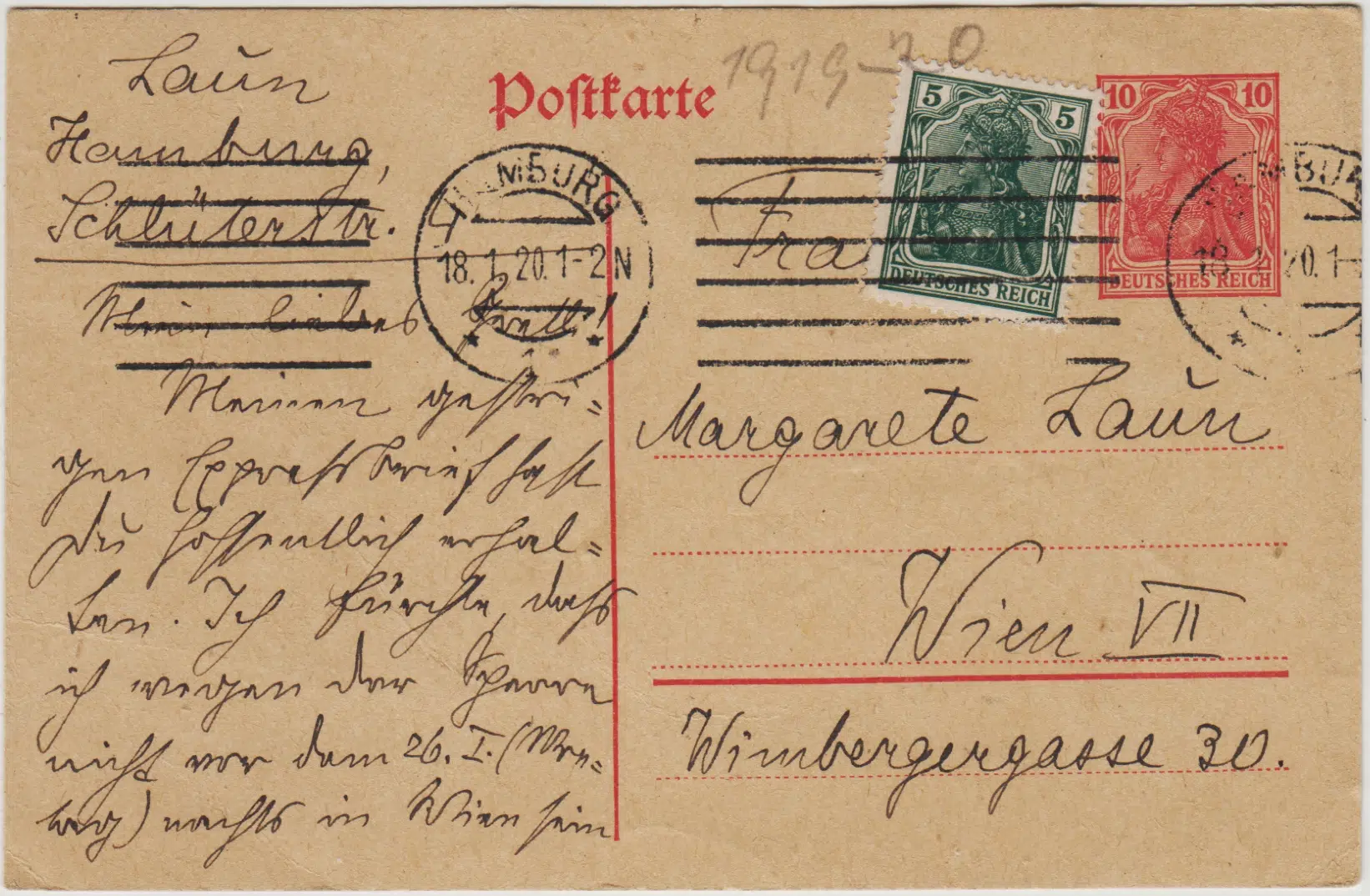 ALMANYA HAMBURG'TAN VİYANA'YA POSTADAN GEÇMİŞ KARTPOSTAL 18 OCAK 1920.