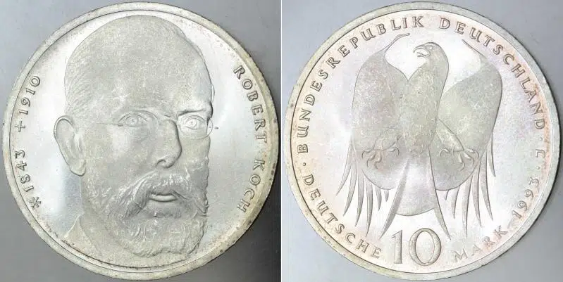 ALMANYA GÜMÜŞ 10 MARK 1993 J. HATIRA-ROBERT KOCH 150. DOĞUM GÜNÜ 15,5 gr PROOF 450.000 BASKI ÇİL(-)