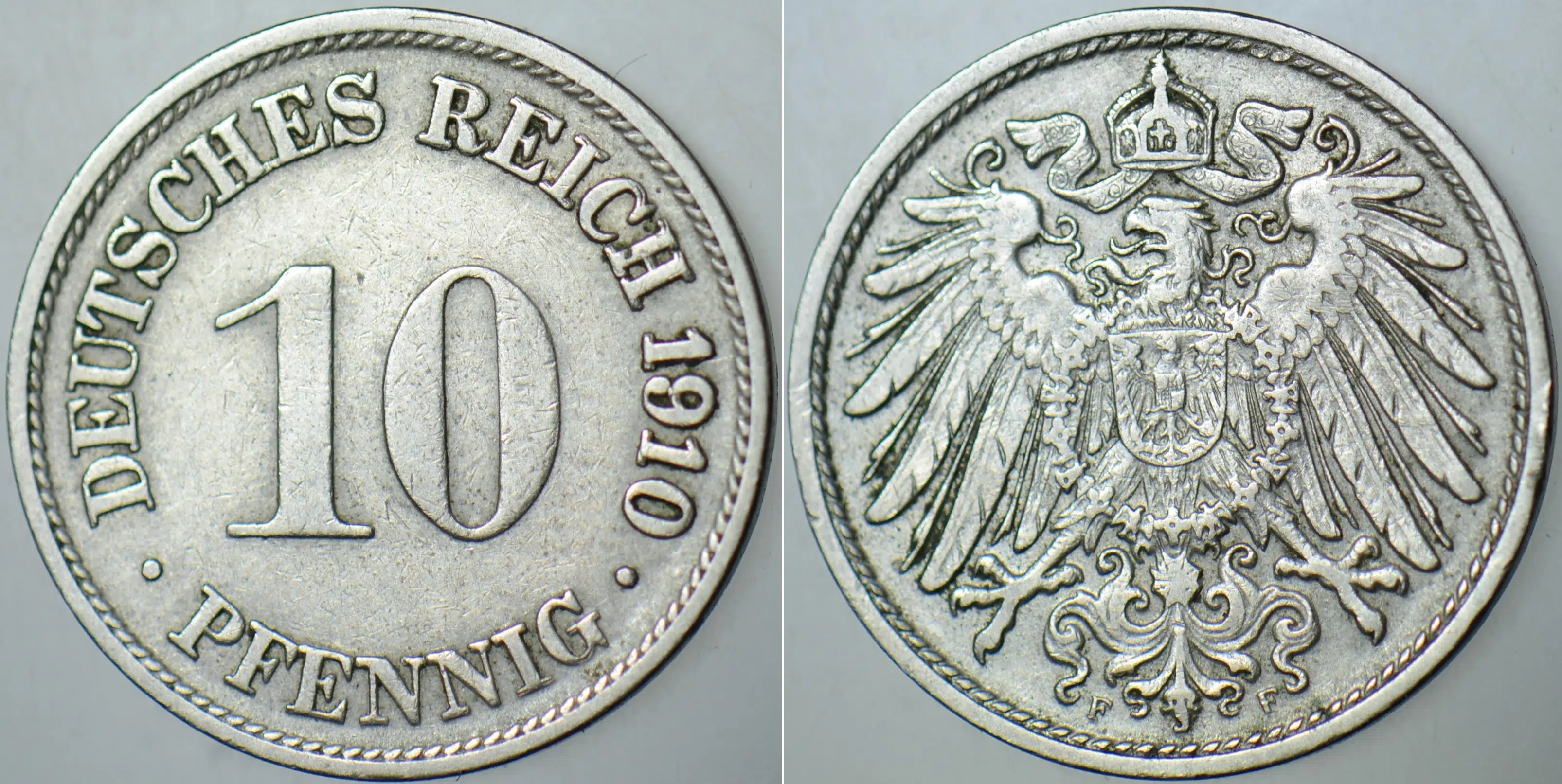 ALMANYA İMPARATORLUĞU 10 PFENNIG 1910 F NADİR HARF VE TARİH. REICHSPFENNIG. II. WILHELM DÖNEMİ.