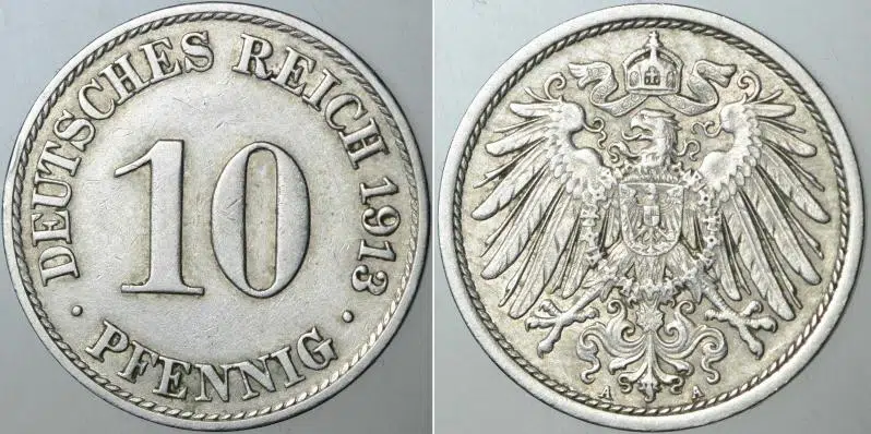 ALMANYA İMPARATORLUĞU 10 PFENNIG 1913 A HARFİ=BERLİN DARBI. DEUTSCHES REICH.