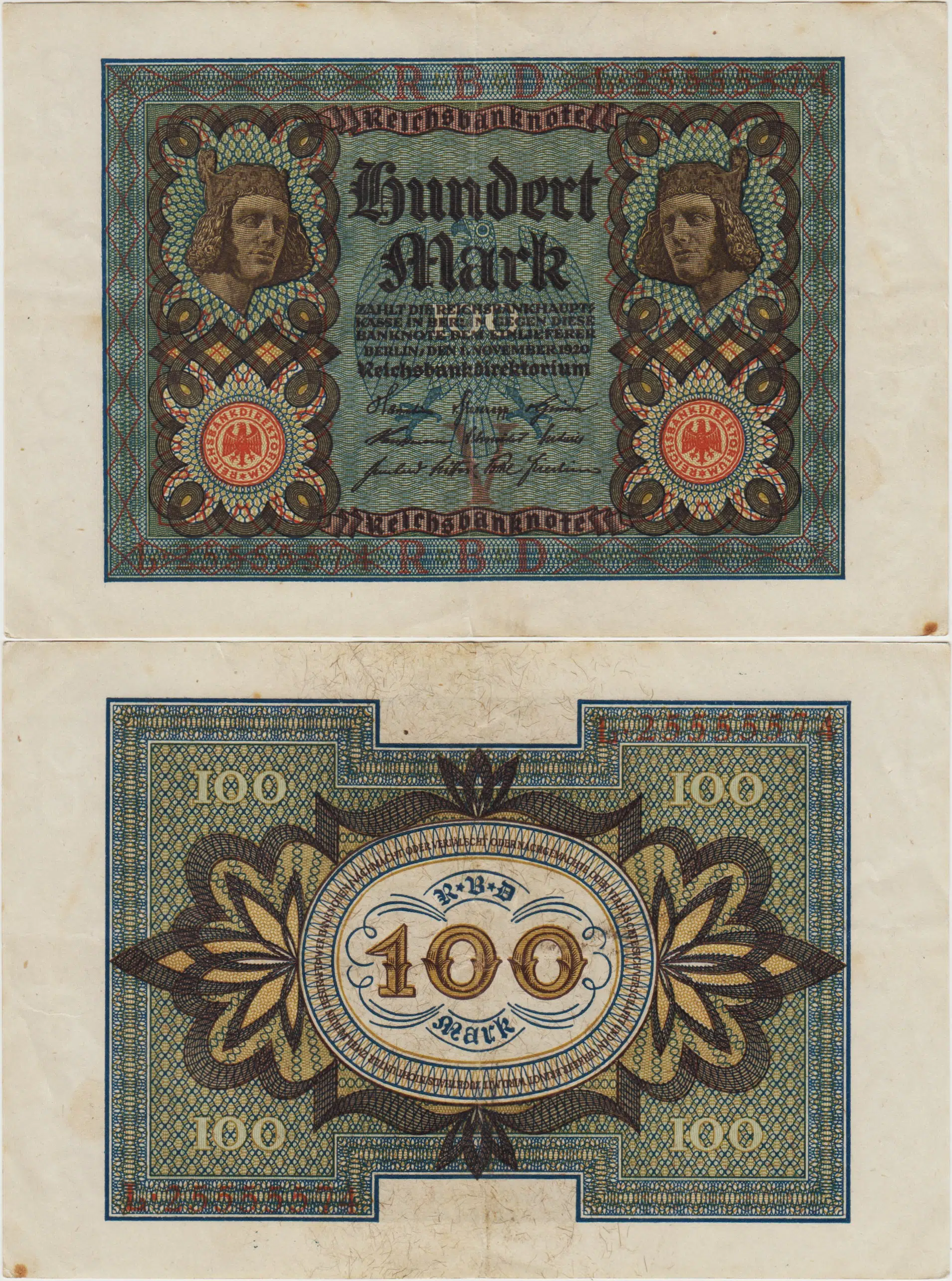 ALMANYA İMPARATORLUĞU 100 MARK 1920 WEİMAR CUMHURİYETİ DÖNEMİ. ÇOK ÇOK TEMİZ KONDİSYON.