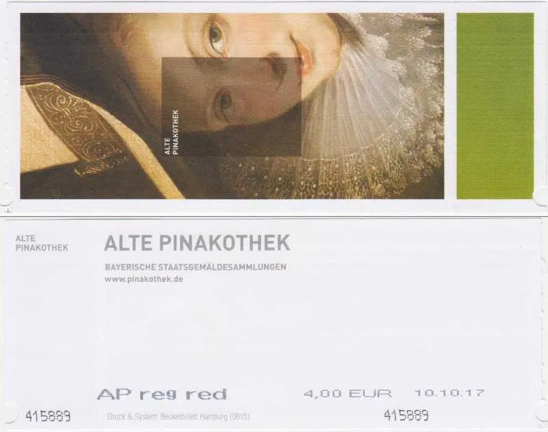 ALMANYA MÜNİH ALTE PINAKOTHEK SANAT TARİHİ MÜZESİ GİRİŞ BİLETİ 2017. ÇOK ÇOK İYİ DURUMDA, KIRILMA VS YOK.