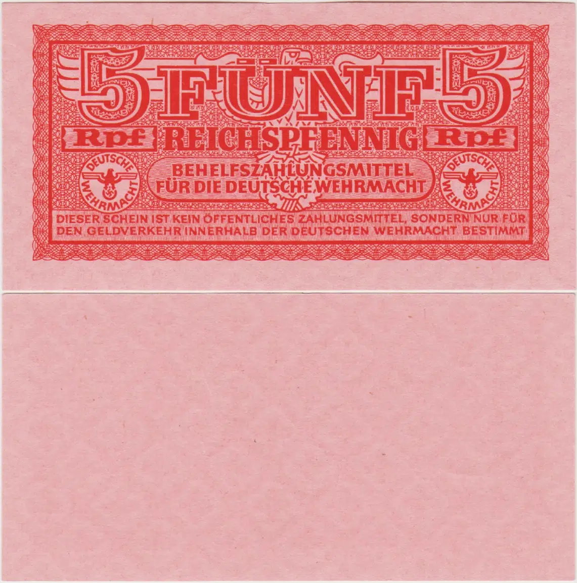 ALMANYA NAZİ DÖNEMİ SİLAHLI KUVVETLER İÇİN 5 PFENNİG 1942-44 GAMALI HAÇLI-DEUTSCHE WEHRMACHT. ÇİL NADİR.