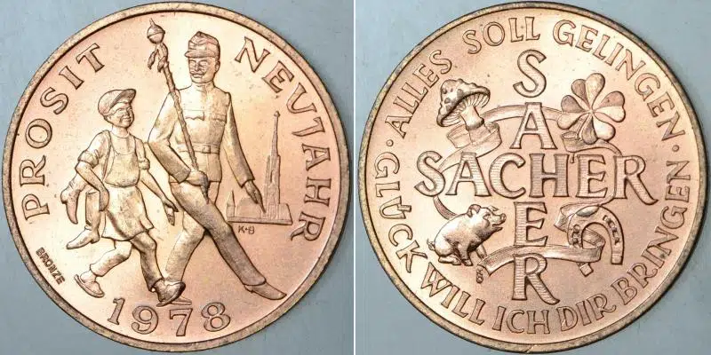 ALMANYA PROSIT NEUJAHR 1978 YENİ YIL ŞANS MADALYONU. 21,5 mm ÇAPINDA BRONZ. ÇİL KONDİSYON.