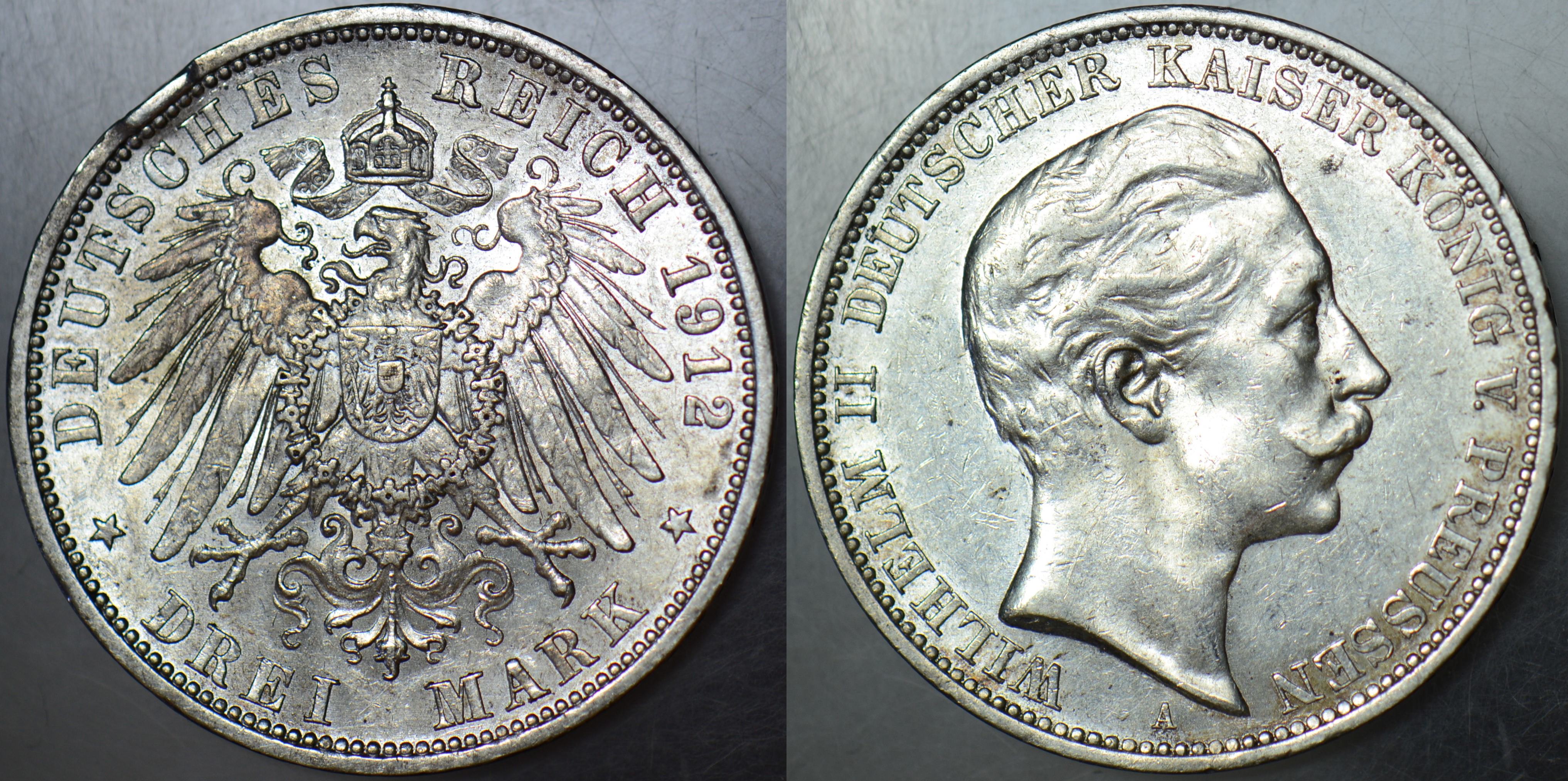 ALMANYA PRUSYA 3 MARK 1912 GÜMÜŞ 900 AYAR. KAYZER II. WİLHELM DÖNEMİ 33 mm 16,66 gr. ÇİLALTI