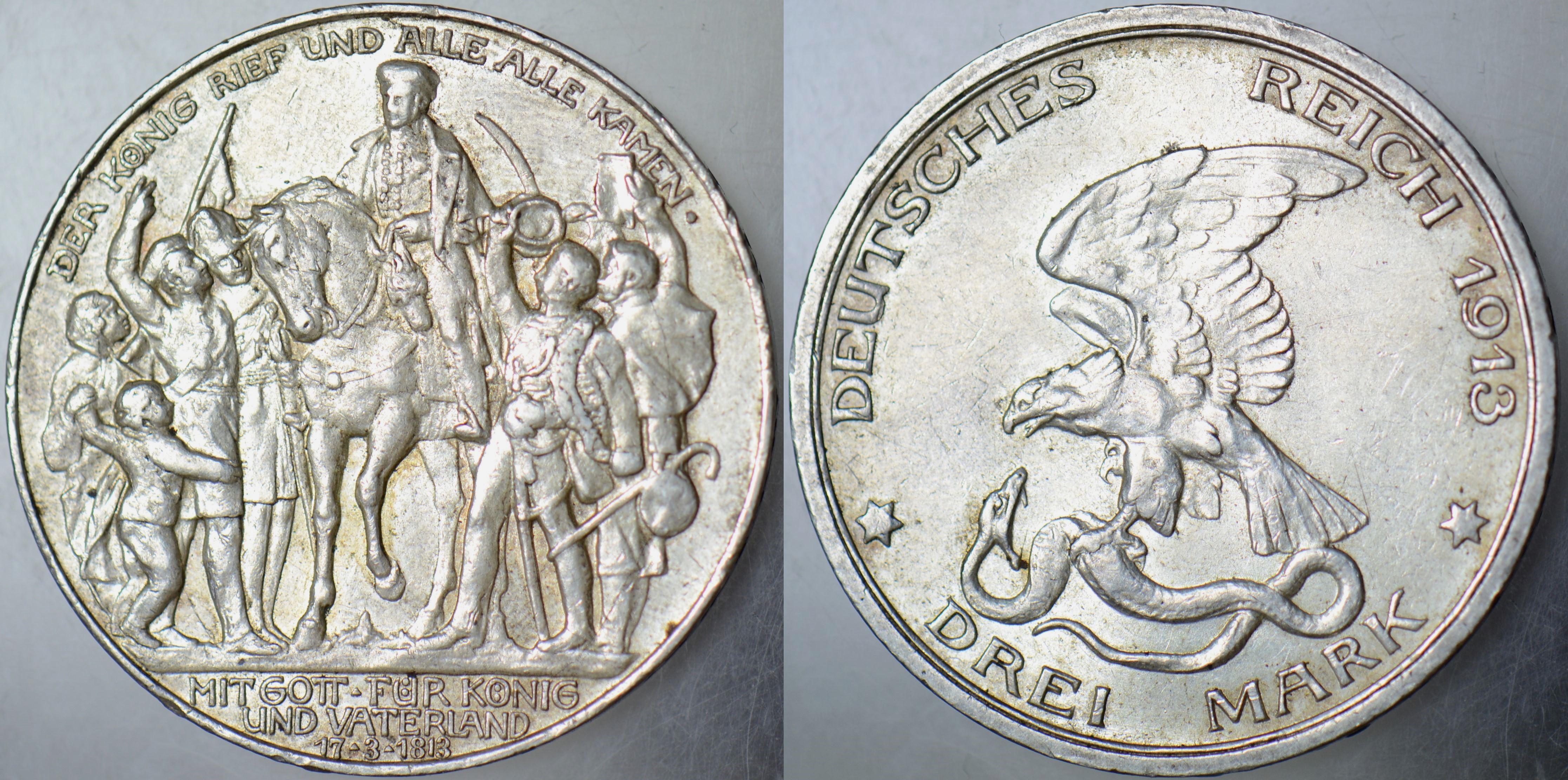 ALMANYA PRUSYA 3 MARK 1913 GÜMÜŞ 900 AYAR. HATIRA-NAPOLYONA KARŞI SAVAŞIN 100. YILI 33 mm 16,66 gr. ÇİLALTI(-)