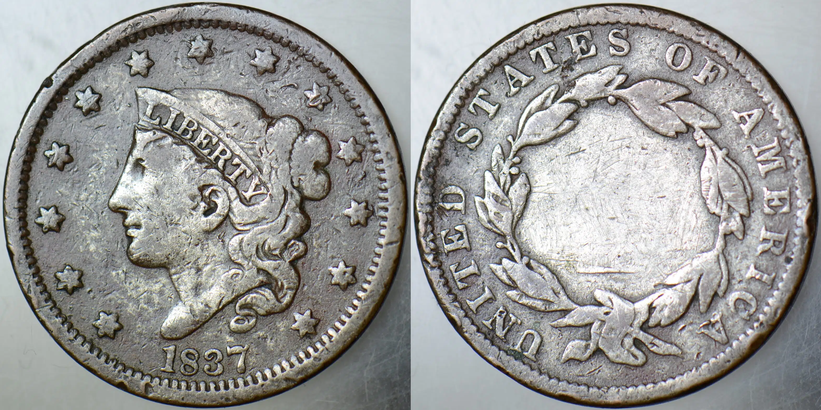 AMERİKA 1 CENT 1837 LIBERTY HEAD LARGE CENT. ONE CENT YAZISI SİLİNMİŞ ve GÜMÜŞ RENGİ.