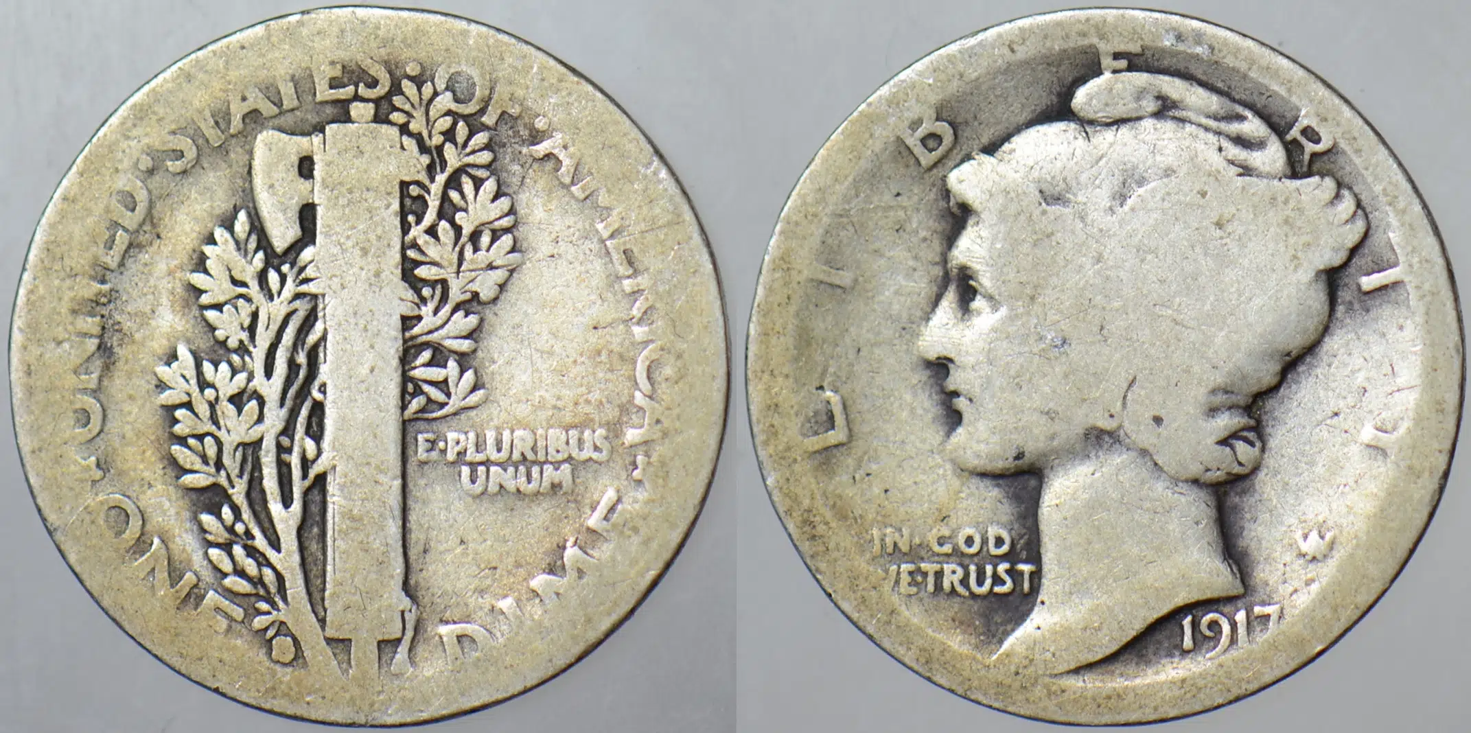 AMERİKA 1 DİME 1917 S GÜMÜŞ. İKİNCİ DÜNYA SAVAŞI DÖNEMİ. MERCURY HEAD 10 CENT. 2,3 gr.