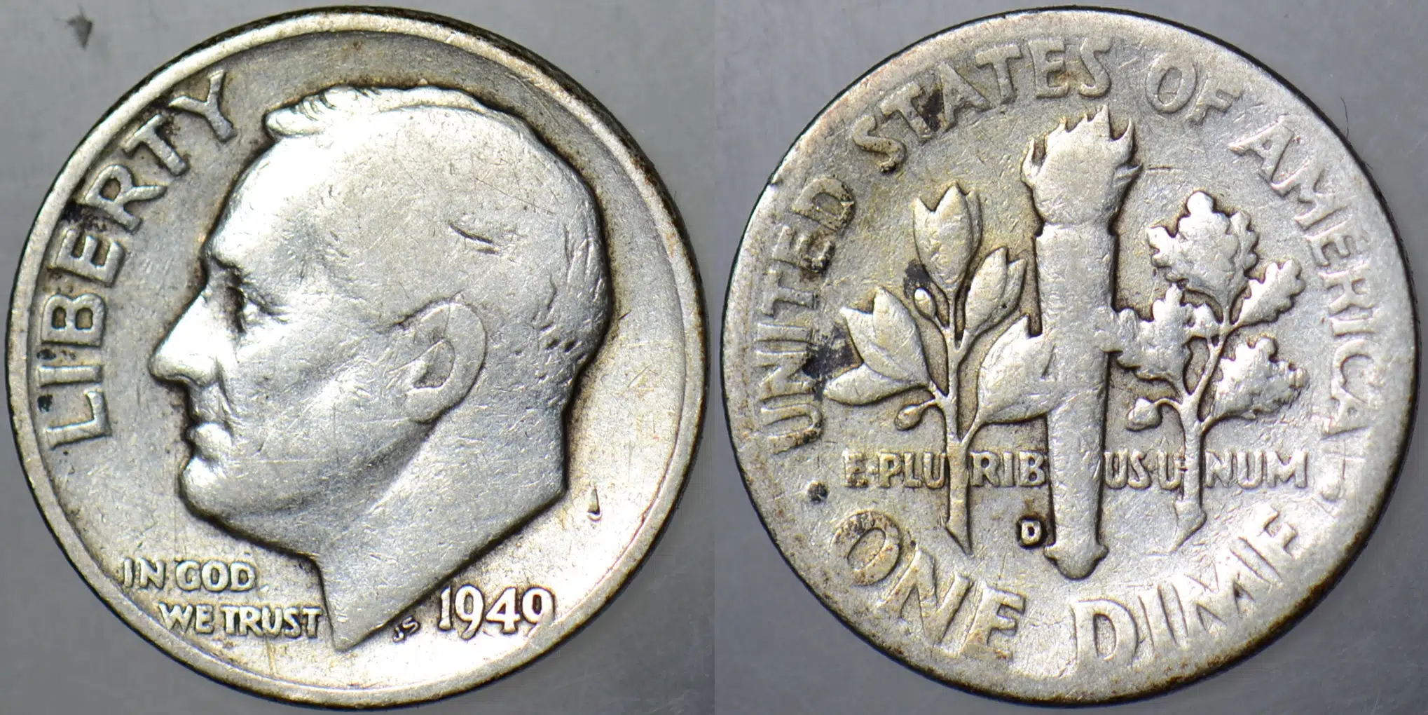 AMERİKA 1 DİME 1949 D GÜMÜŞ ONE DIME. ROOSEVELT PORTRELİ. 2,45 gr.